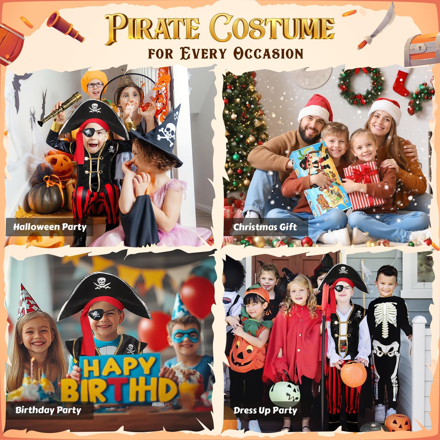 Cocojeci Pirate Costume for Kids – Complete 8-Piece Dress-Up Set for Boys (Halloween)