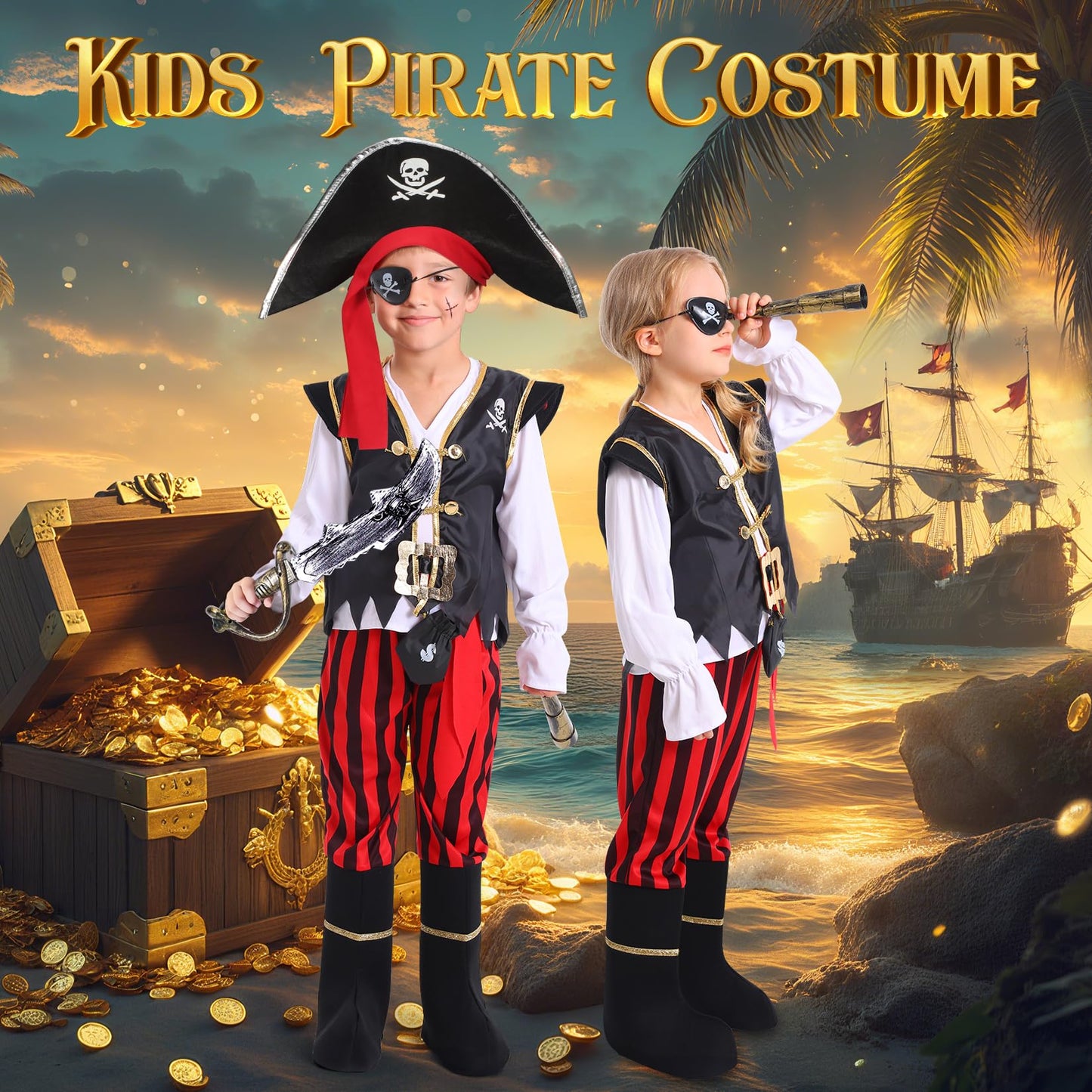 Cocojeci Pirate Costume for Kids – Complete 8-Piece Dress-Up Set for Boys (Halloween)
