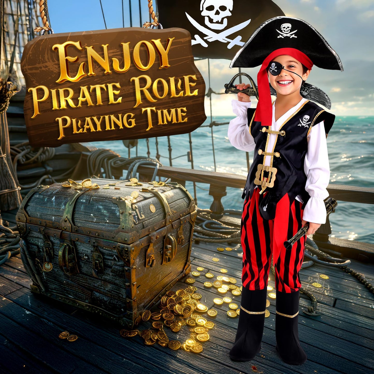 Cocojeci Pirate Costume for Kids – Complete 8-Piece Dress-Up Set for Boys (Halloween)
