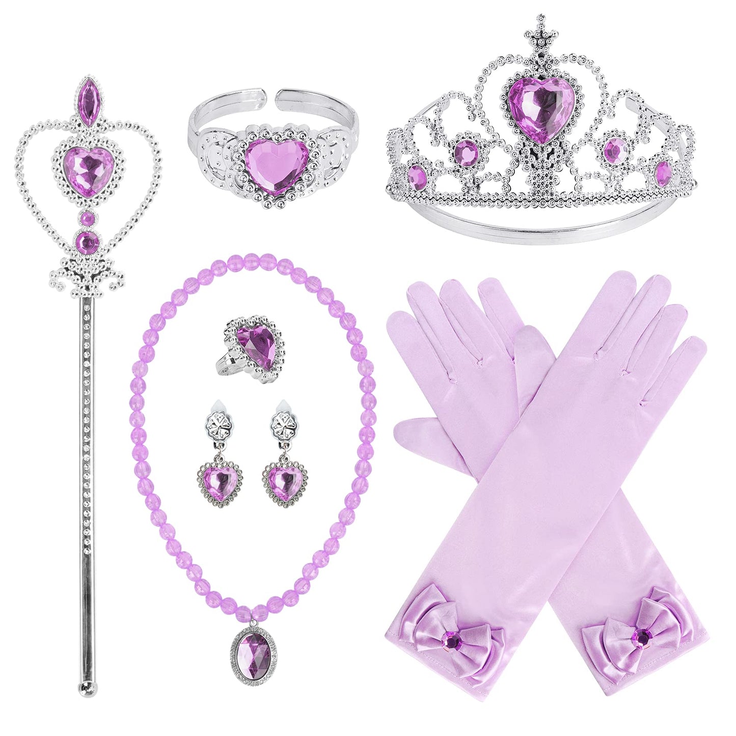 Cocojeci Princess Dress-Up 9pc Accessories Set – Gloves, Tiara, Wand, Necklace (Purple)