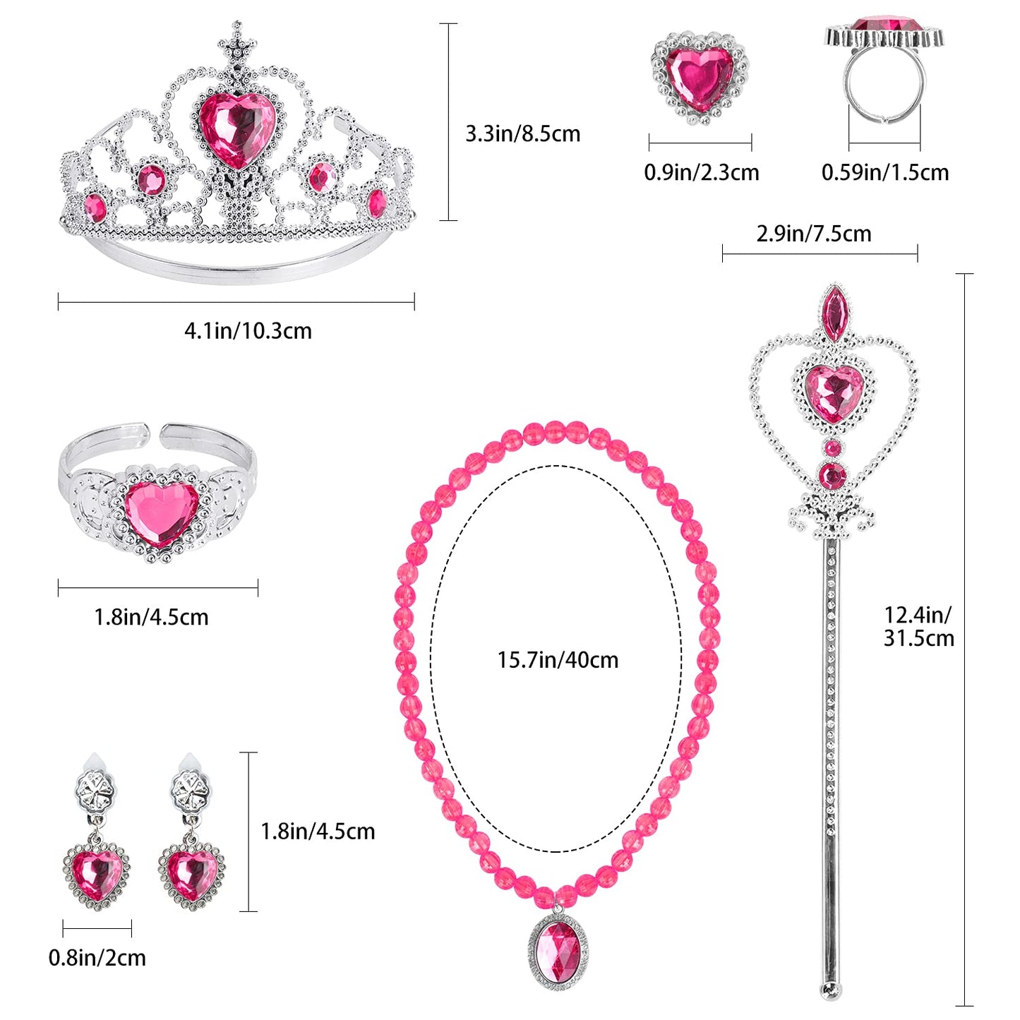 Cocojeci Princess Dress Up 7-Piece Gift Set – Gloves, Tiara, Wand & Jewelry in Rose (Ages 3-8)