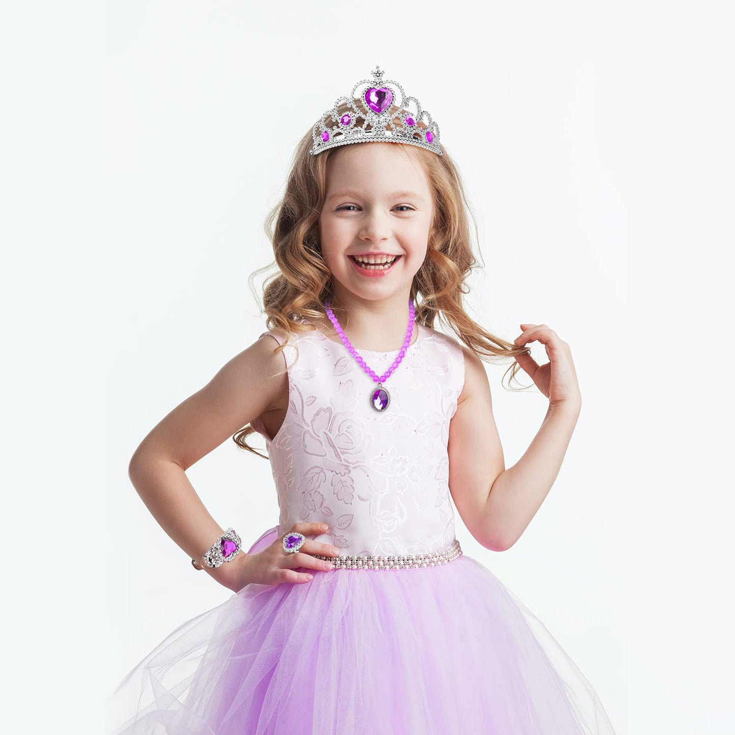 Cocojeci Princess Dress-Up 9pc Accessories Set – Gloves, Tiara, Wand, Necklace (Purple)