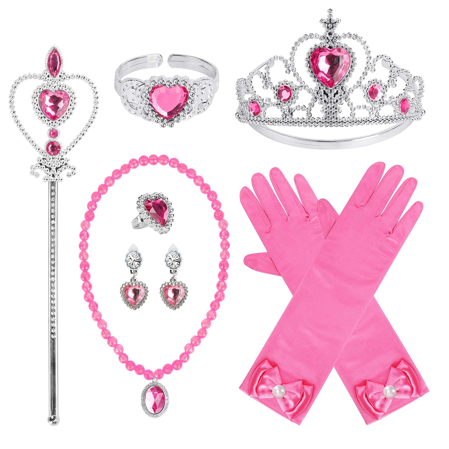 Cocojeci Princess Dress Up 7-Piece Gift Set – Gloves, Tiara, Wand & Jewelry in Rose (Ages 3-8)