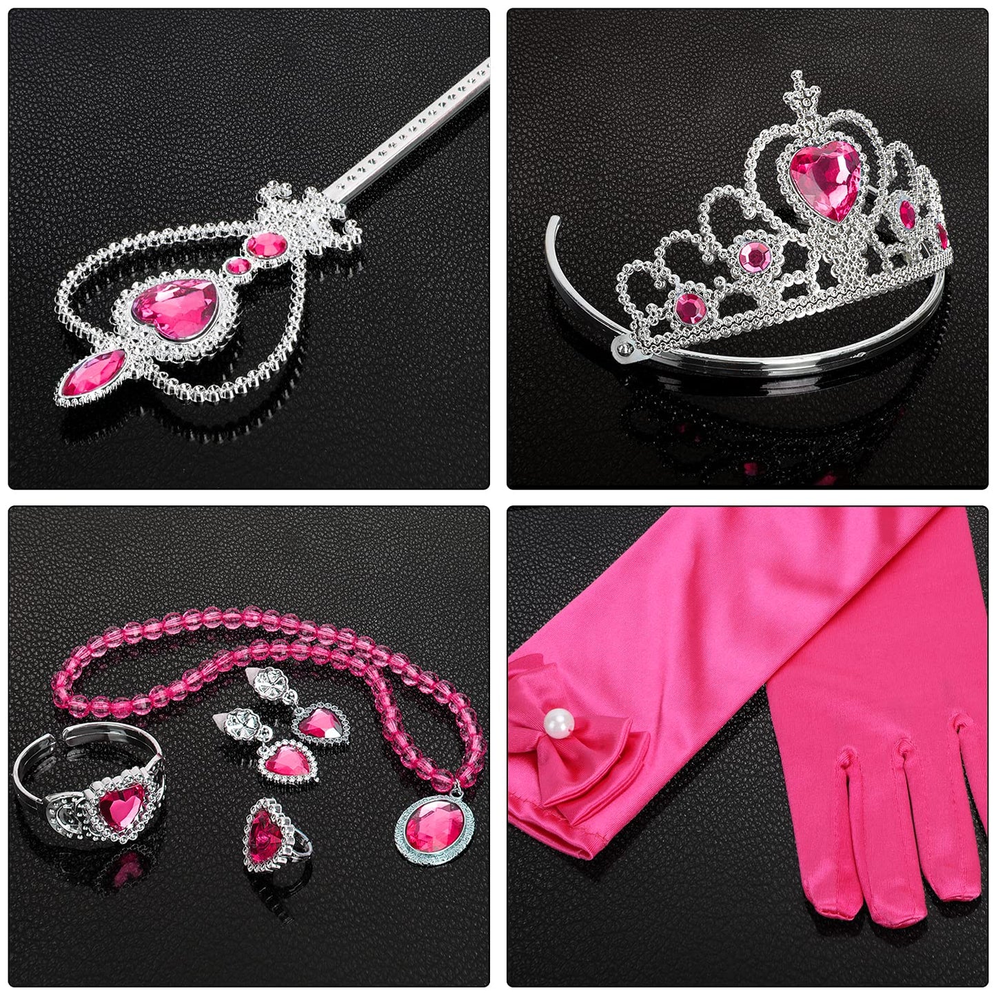 Cocojeci Princess Dress Up 7-Piece Gift Set – Gloves, Tiara, Wand & Jewelry in Rose (Ages 3-8)
