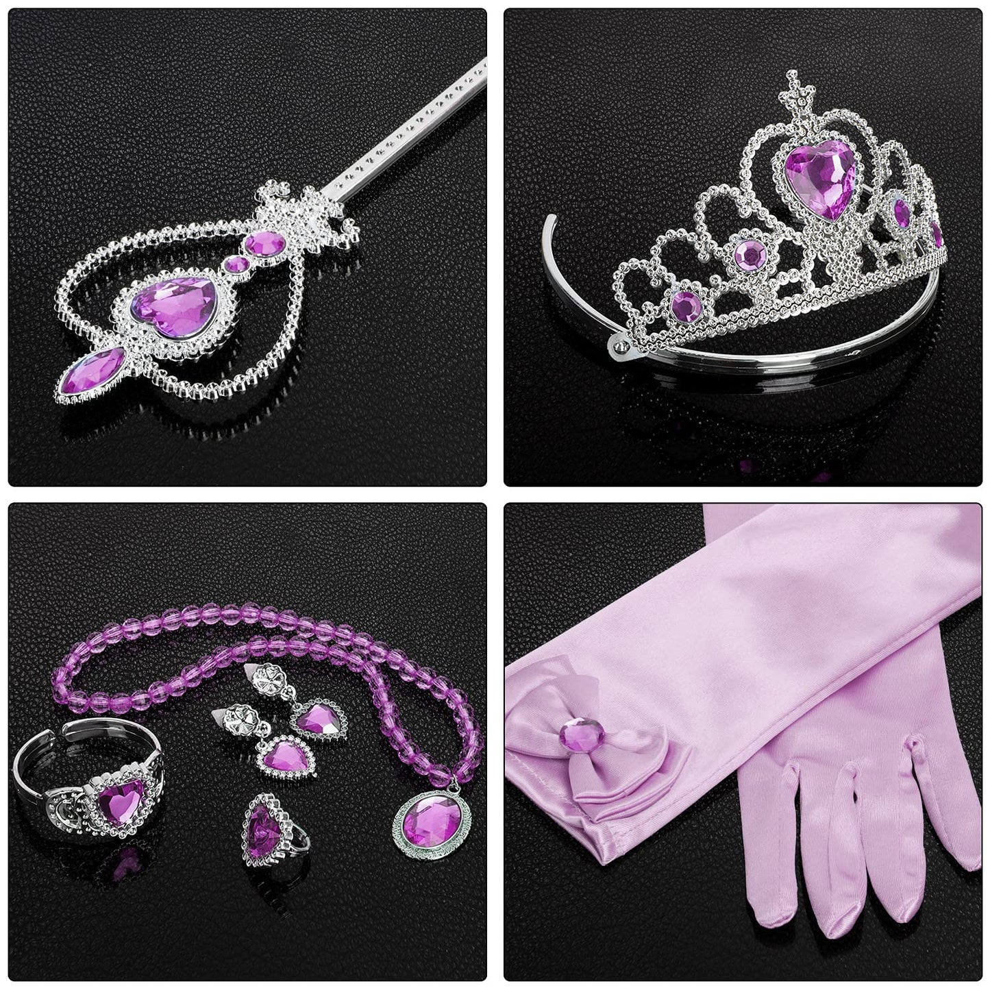 Cocojeci Princess Dress-Up 9pc Accessories Set – Gloves, Tiara, Wand, Necklace (Purple)