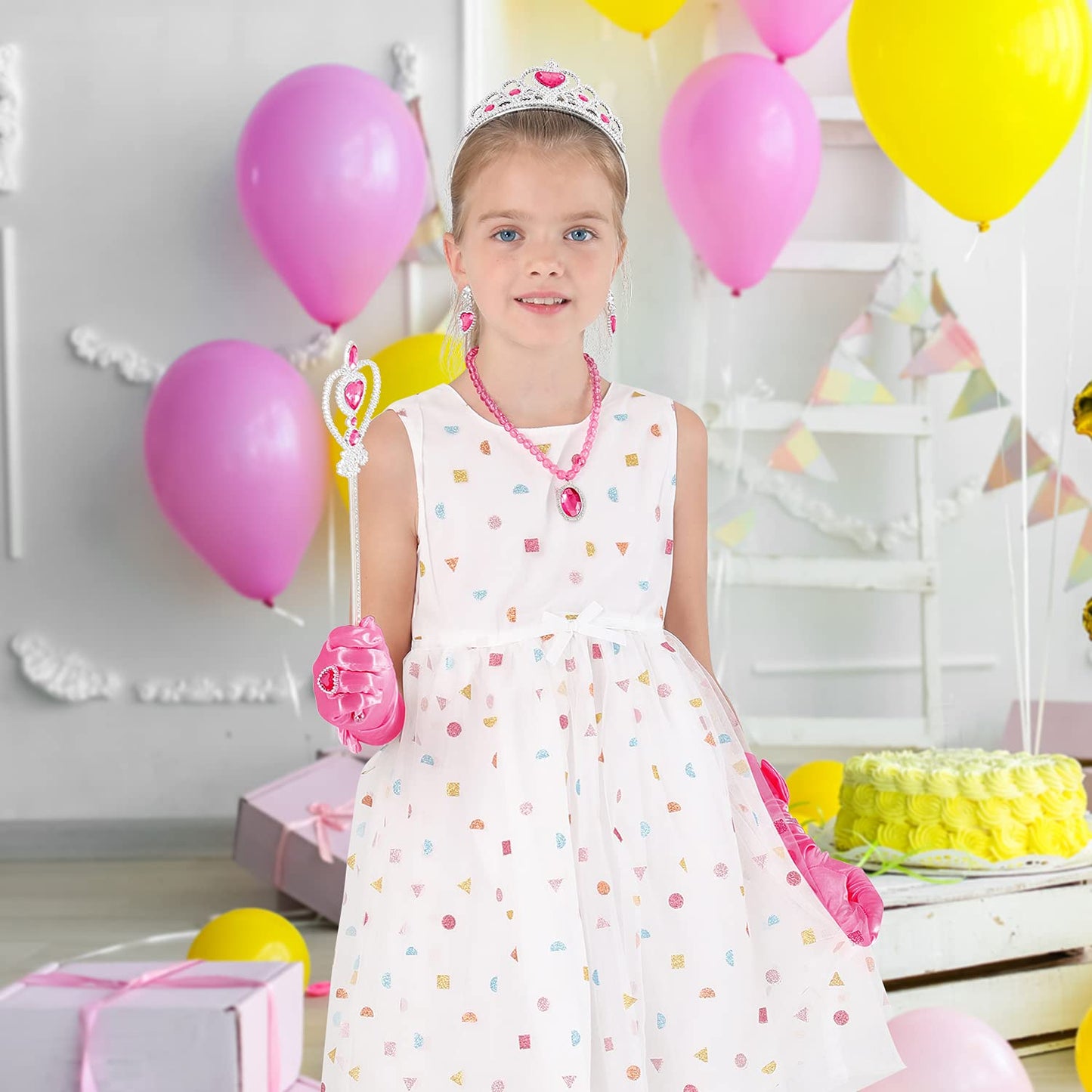Cocojeci Princess Dress Up 7-Piece Gift Set – Gloves, Tiara, Wand & Jewelry in Rose (Ages 3-8)