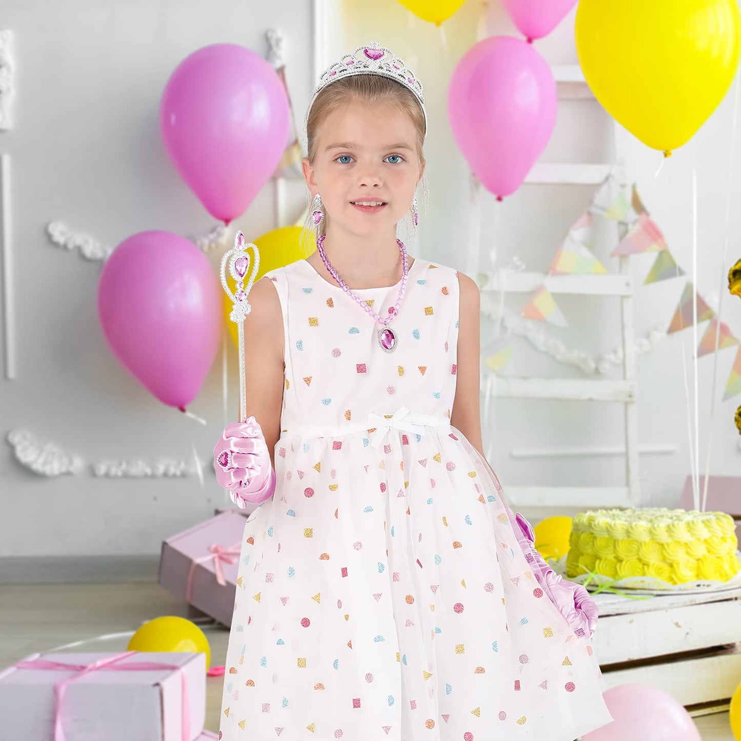 Cocojeci Princess Dress-Up 9pc Accessories Set – Gloves, Tiara, Wand, Necklace (Purple)