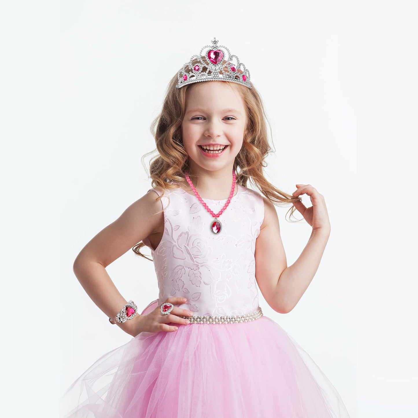 Cocojeci Princess Dress Up 7-Piece Gift Set – Gloves, Tiara, Wand & Jewelry in Rose (Ages 3-8)