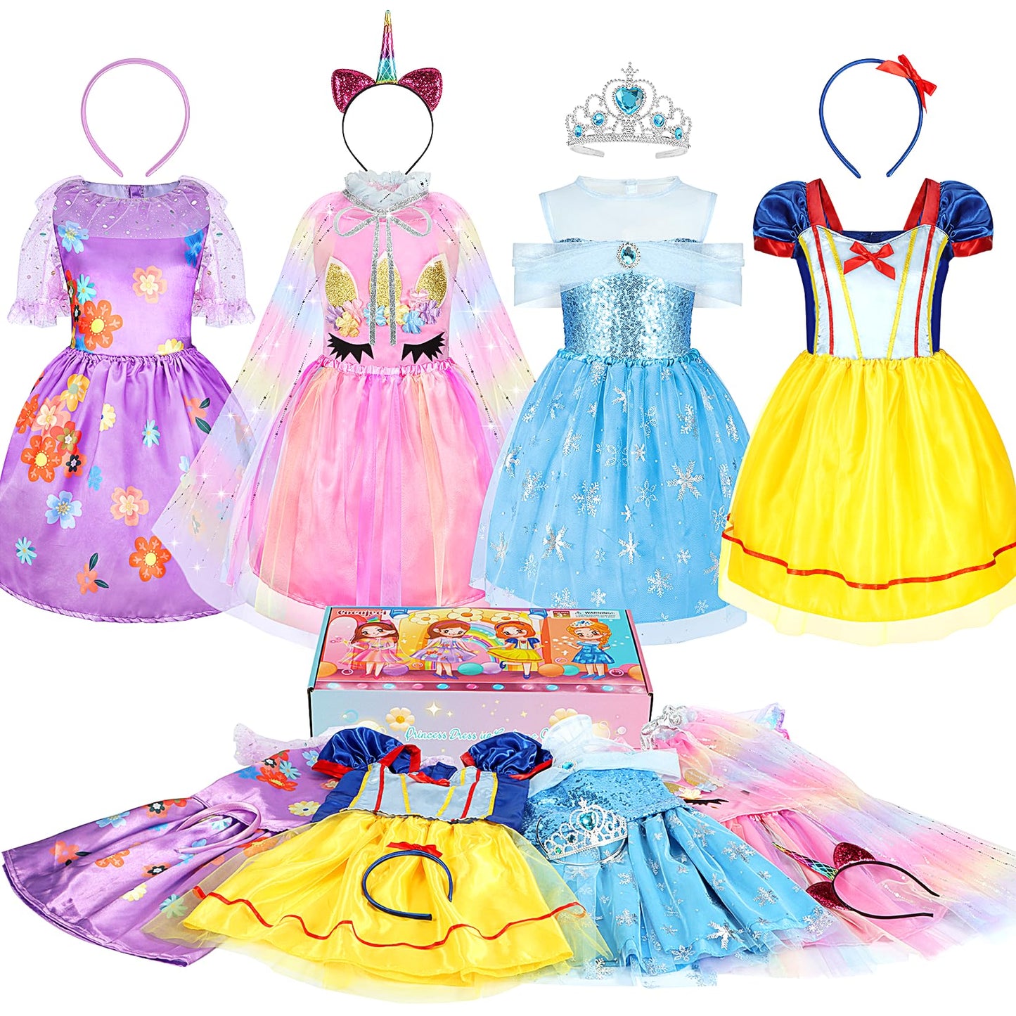 Cocojeci Princess Dress Up Clothes for Girls – 8-Piece Costume Set with Cape & Crown