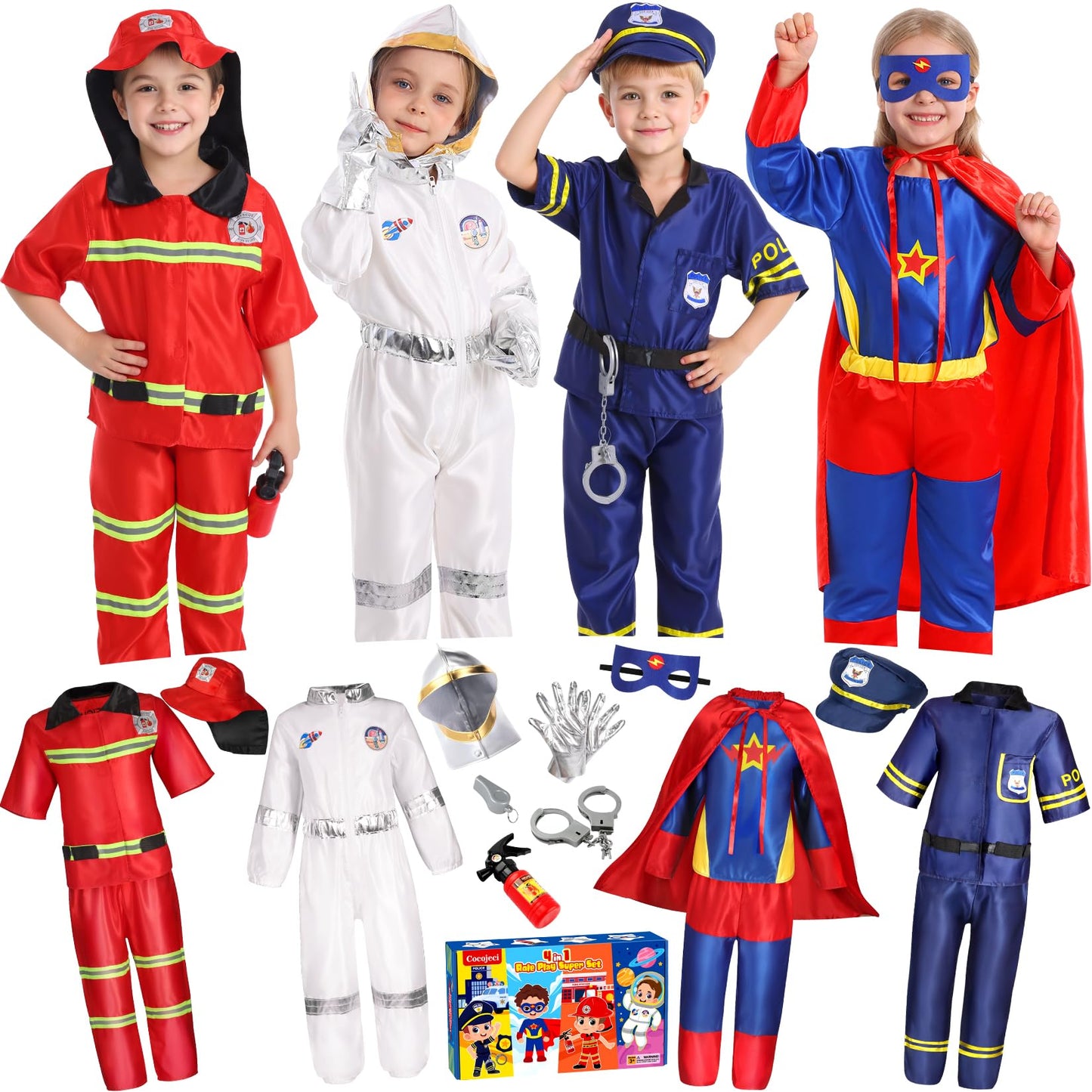 Cocojeci 4-in-1 Toddler Dress Up Set – Police, Firefighter, Hero & Astronaut Costumes for Ages 3-6