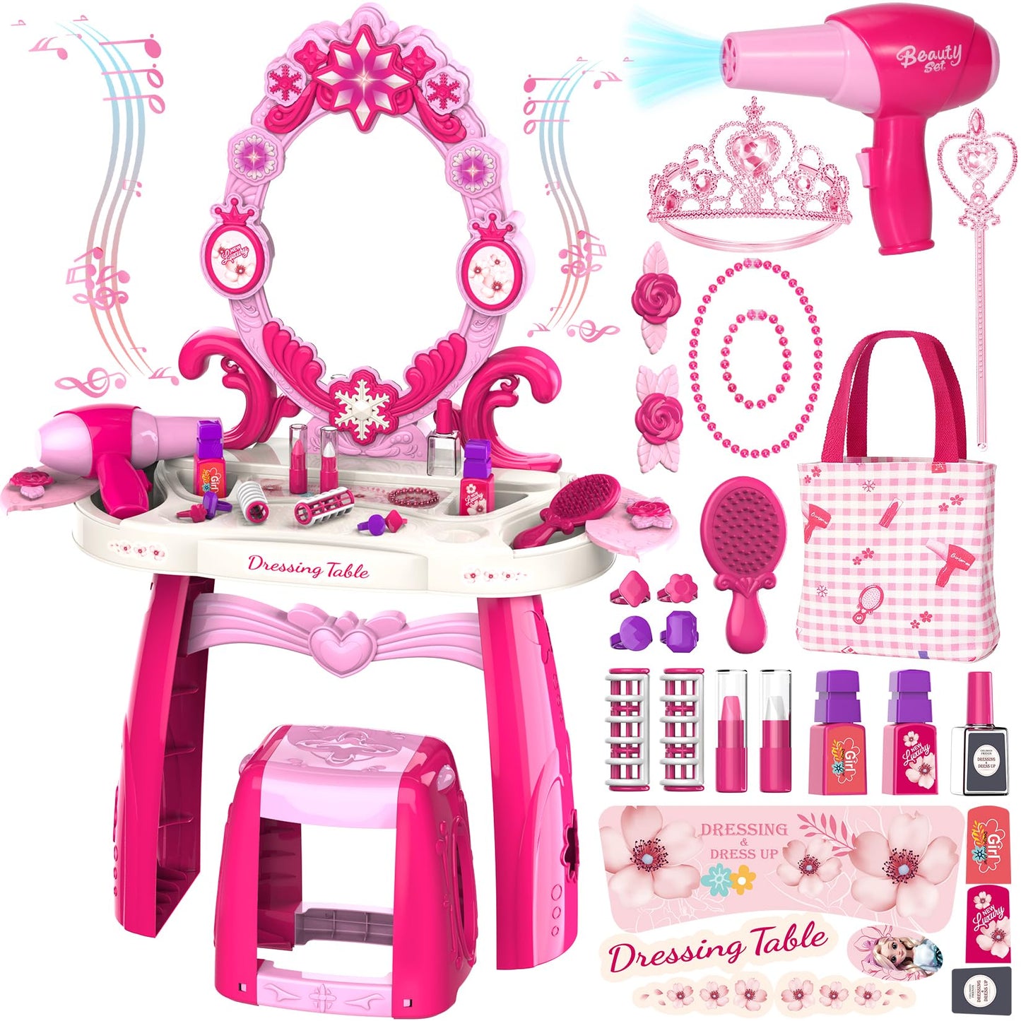 Cocojeci Toddler Vanity Table & Chair Set – Lighted Mirror & Music