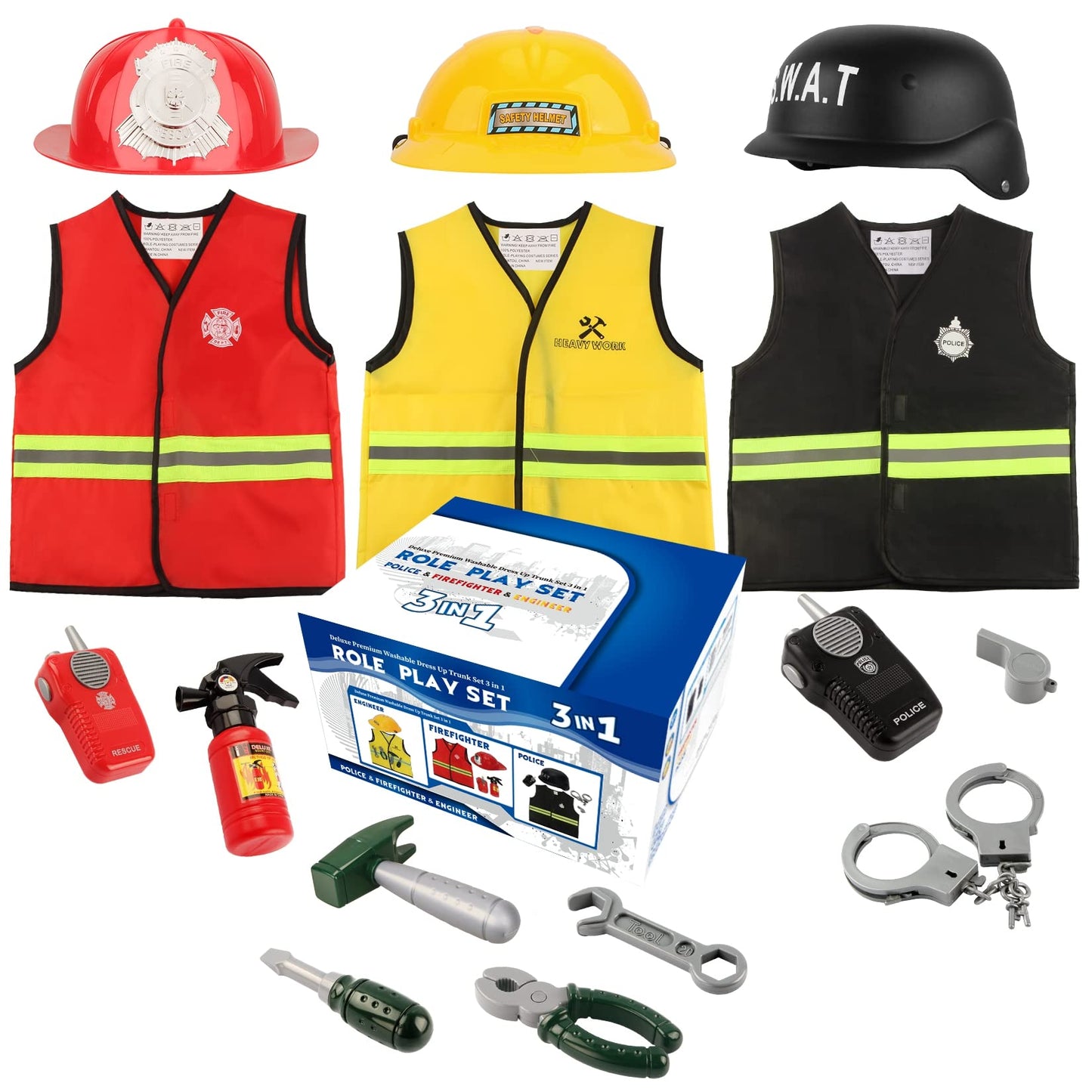 Cocojeci 15-Piece Boys Dress Up Trunk – Firefighter, Police & Engineer Costumes for Ages 3–7