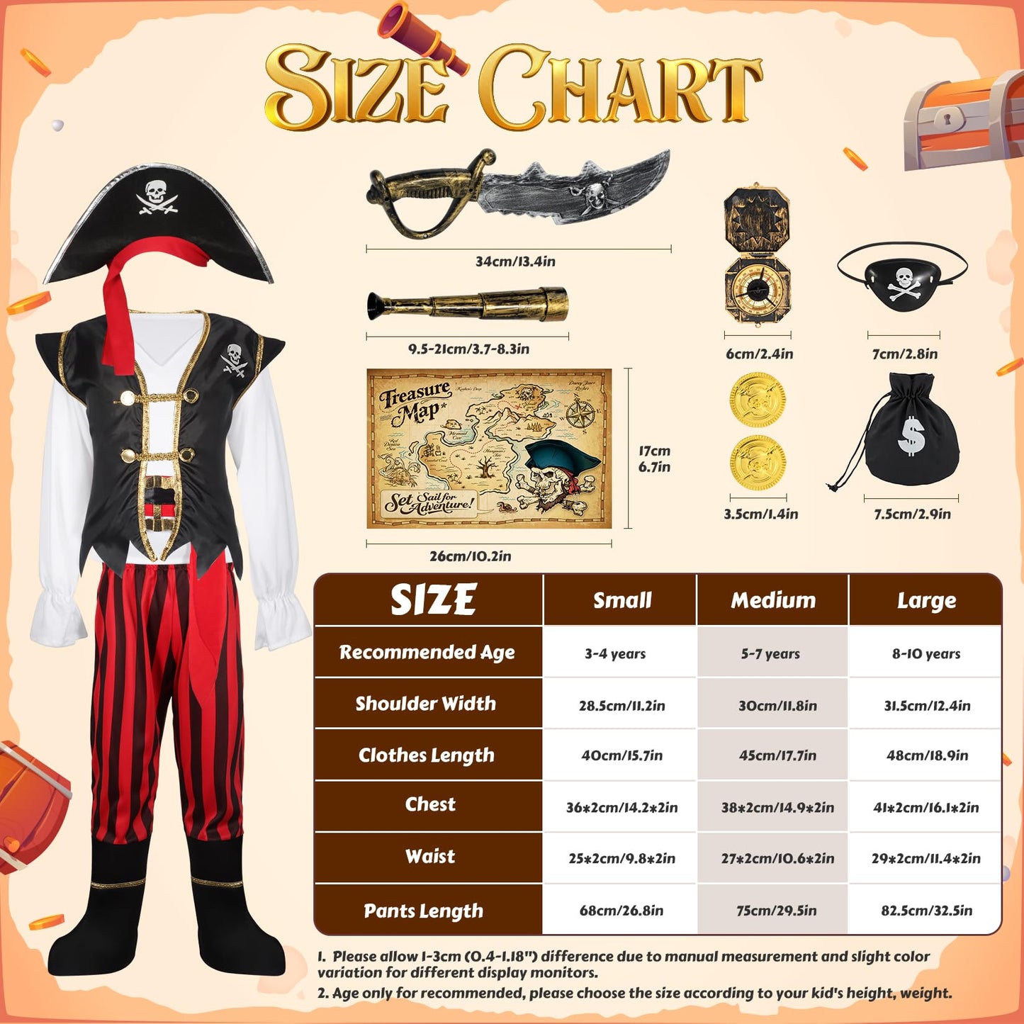 Cocojeci Pirate Costume for Kids – Complete 8-Piece Dress-Up Set for Boys (Halloween)