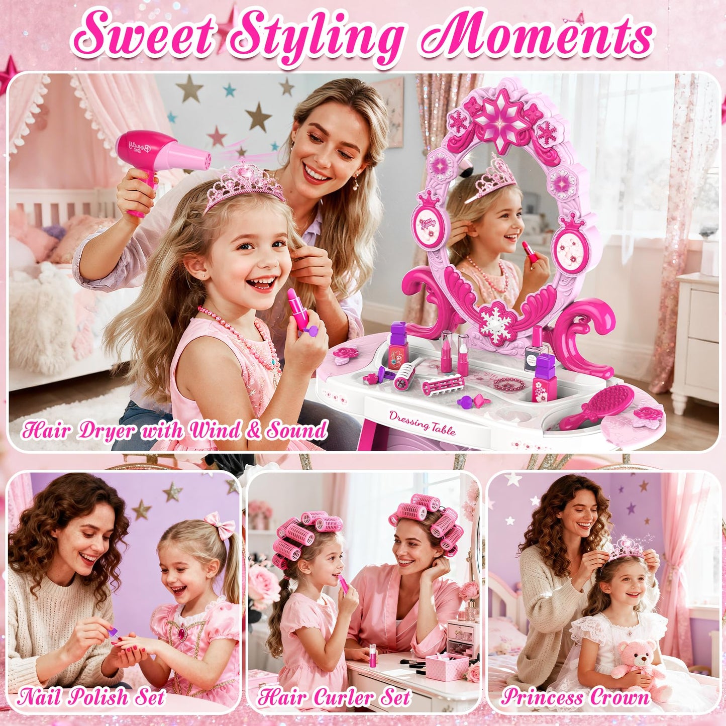 Cocojeci Toddler Vanity Table & Chair Set – Lighted Mirror & Music