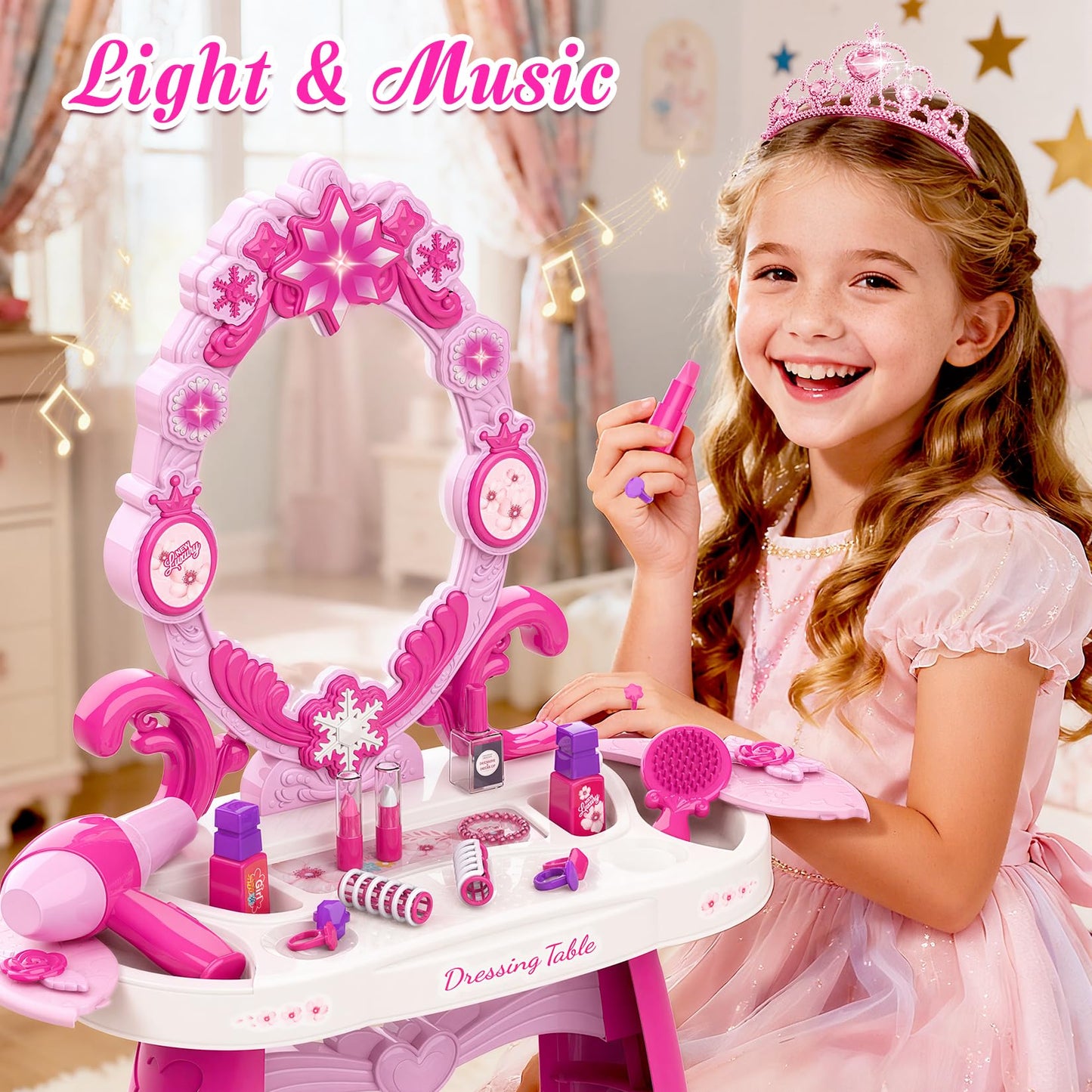 Cocojeci Toddler Vanity Table & Chair Set – Lighted Mirror & Music