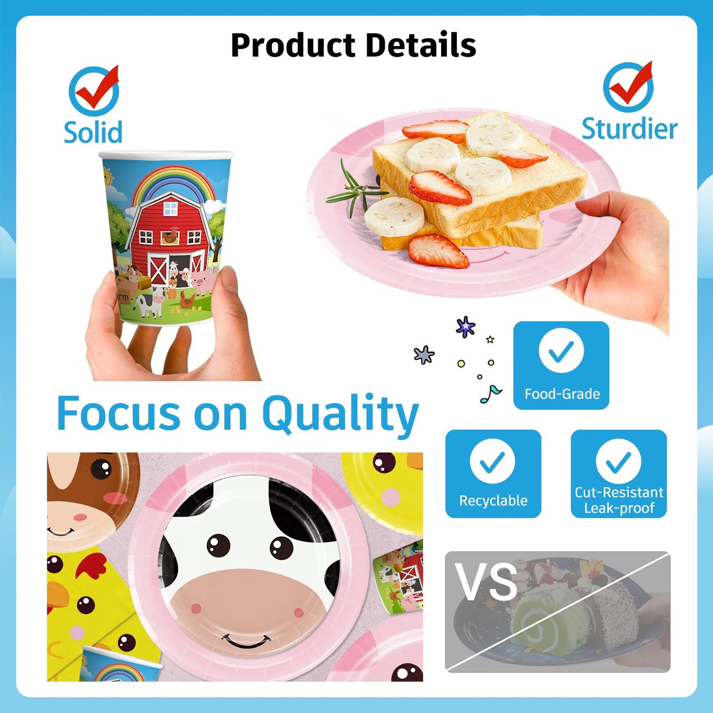 Cocomigo 159pcs Farm Birthday Decorations for Kids — 5 Styles, 300gsm Animal Plates, Backdrop, Balloons