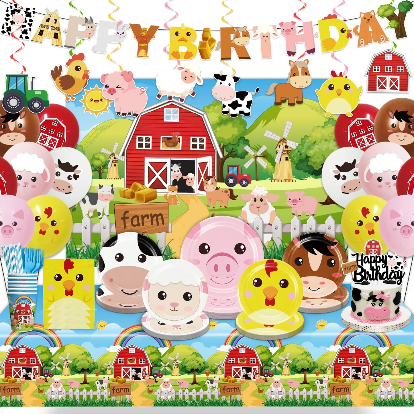 Cocomigo 159pcs Farm Birthday Decorations for Kids — 5 Styles, 300gsm Animal Plates, Backdrop, Balloons