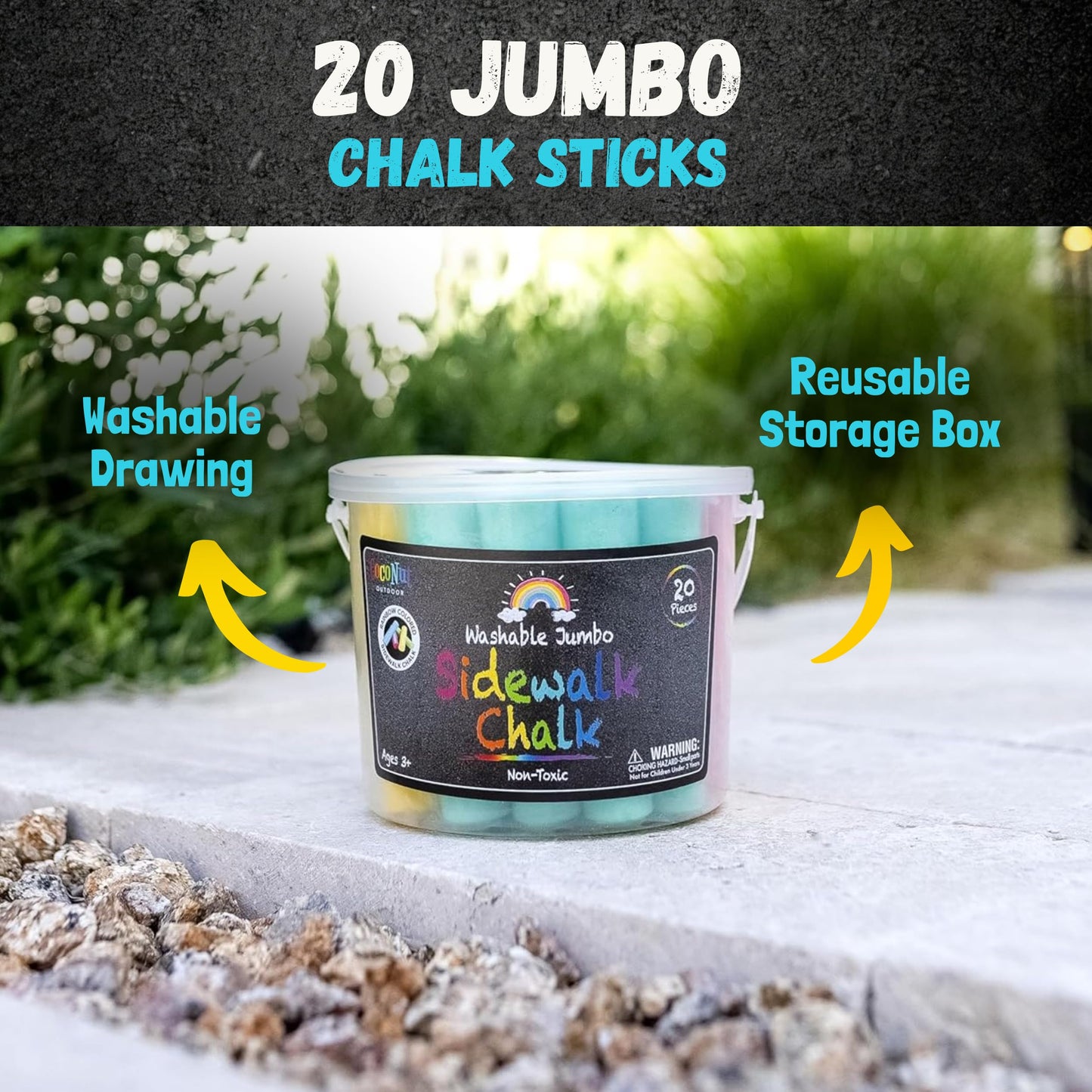 CocoNut Outdoor Jumbo Sidewalk Chalk Bucket – 20 Pieces, Non-Toxic & Washable for Outdoor Kids Art