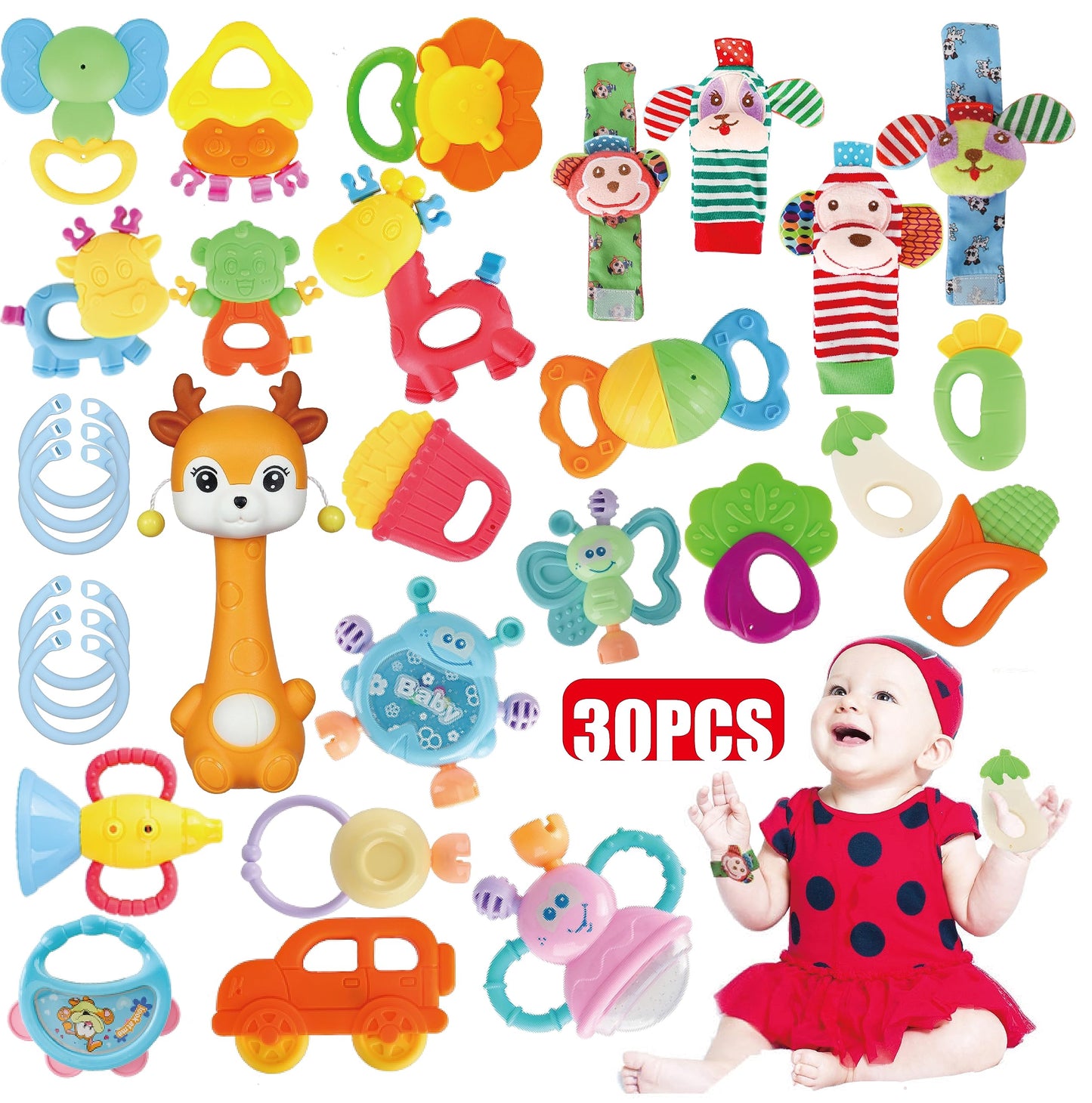 Cocurb 30-Pcs High-Contrast Baby Toy Gift Set – Rattles, Teethers & Wrist Socks for 6 Months and Up