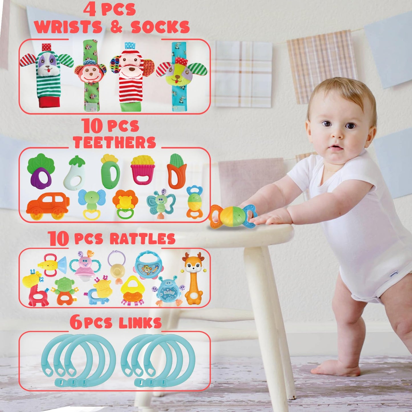 Cocurb 30-Pcs High-Contrast Baby Toy Gift Set – Rattles, Teethers & Wrist Socks for 6 Months and Up