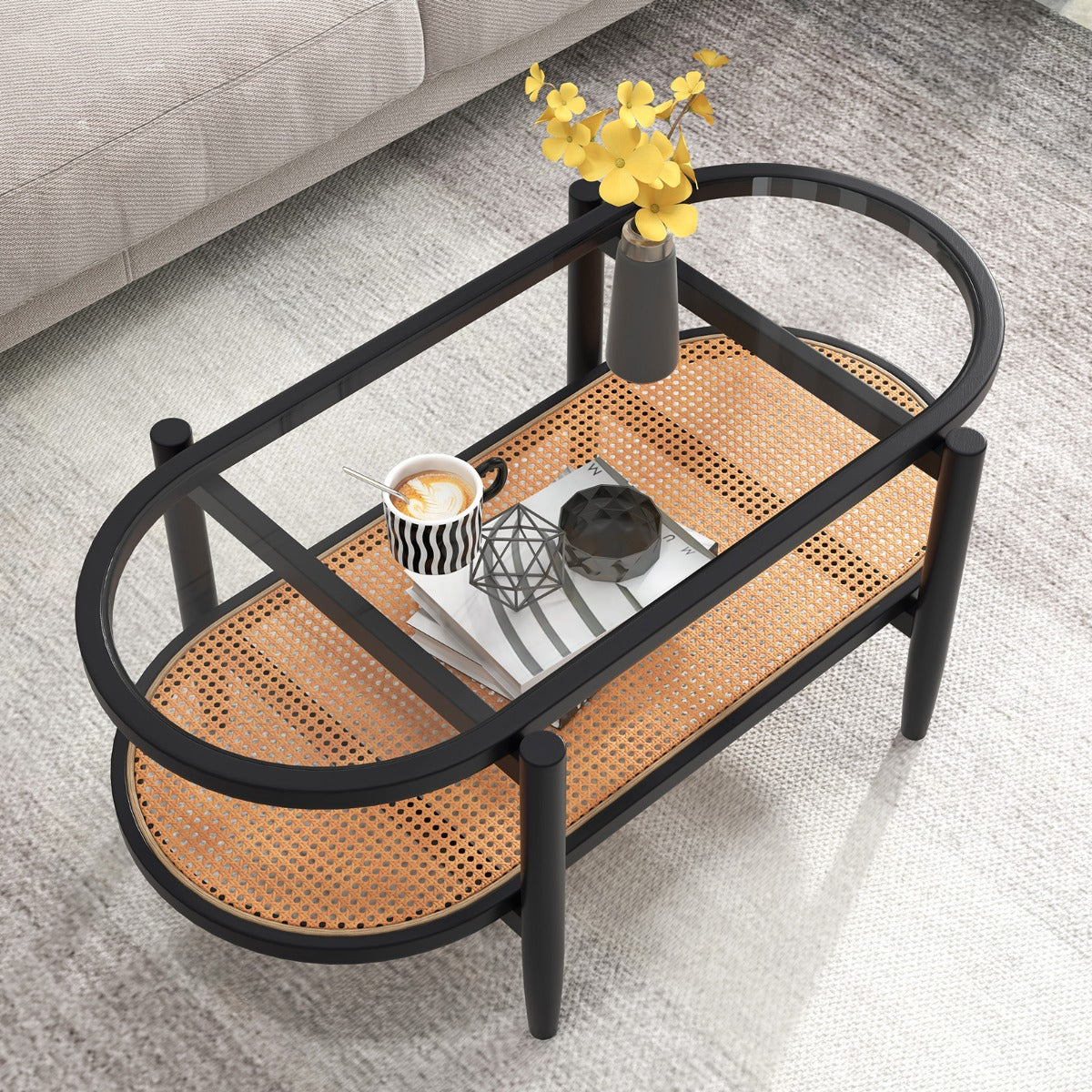 2-Tier PE Rattan Coffee Table with Storage-Brown