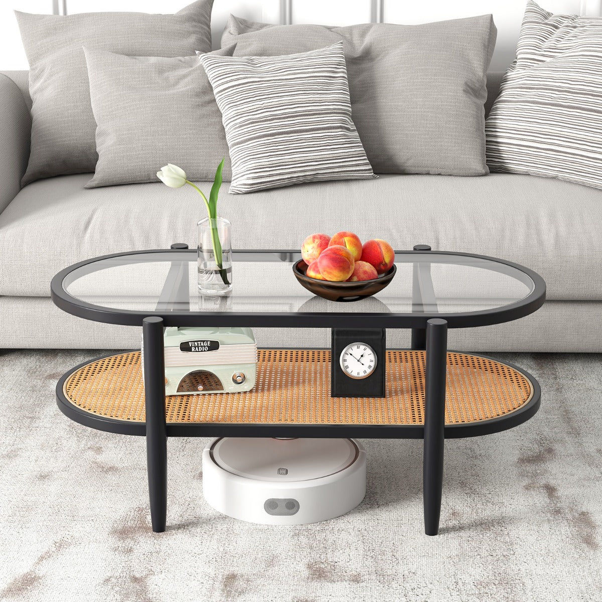 2-Tier PE Rattan Coffee Table with Storage-Brown