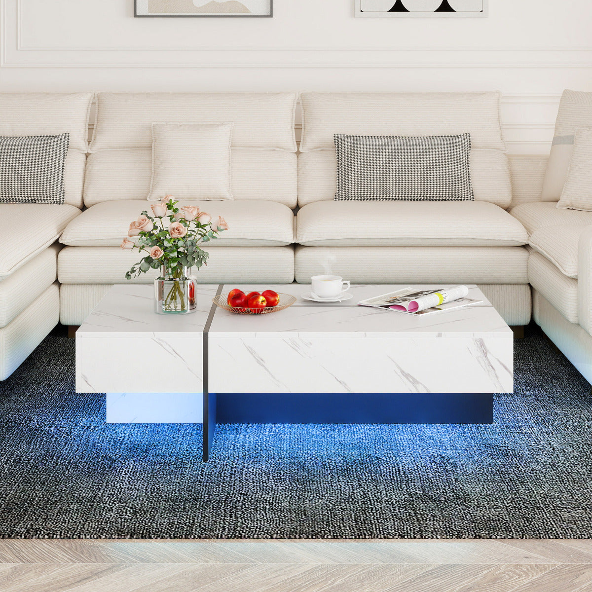 Coffee Table High-Gloss Accent Table with 3 Storage Drawers-Black