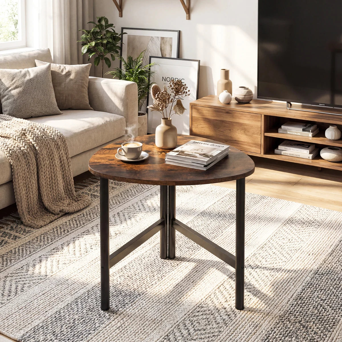 Coffee Table Triangle Center Table with Metal Legs Industrial Accent Sofa Table-Rustic Brown