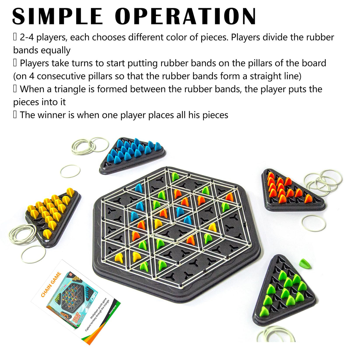 COHHFWPD Chain Triangle Chess Game — Rubber Band Geoboard Strategy for 2–4 Players