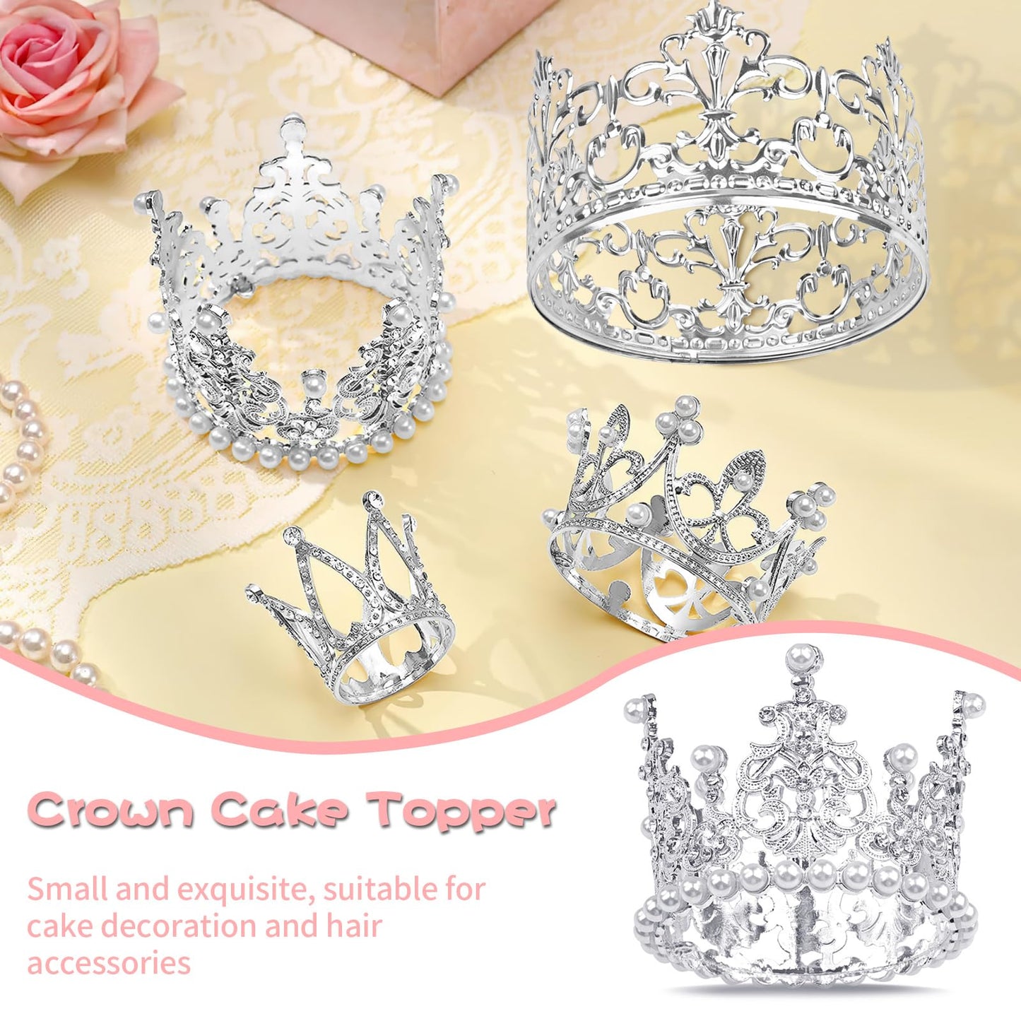 COIDEA 4-Piece Silver Crown Topper Set – Crystal Pearl Vintage Tiara for Cakes, Bouquets & Parties