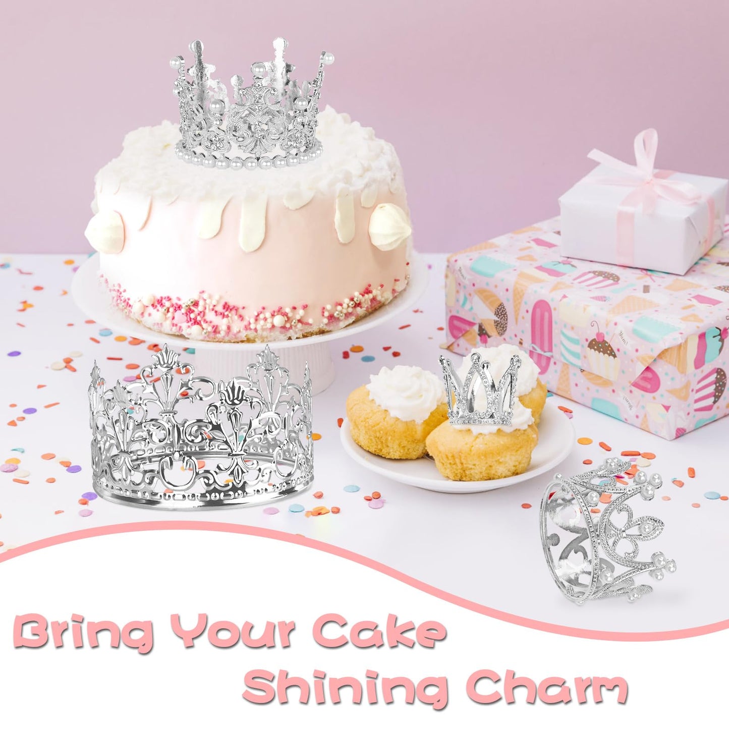 COIDEA 4-Piece Silver Crown Topper Set – Crystal Pearl Vintage Tiara for Cakes, Bouquets & Parties