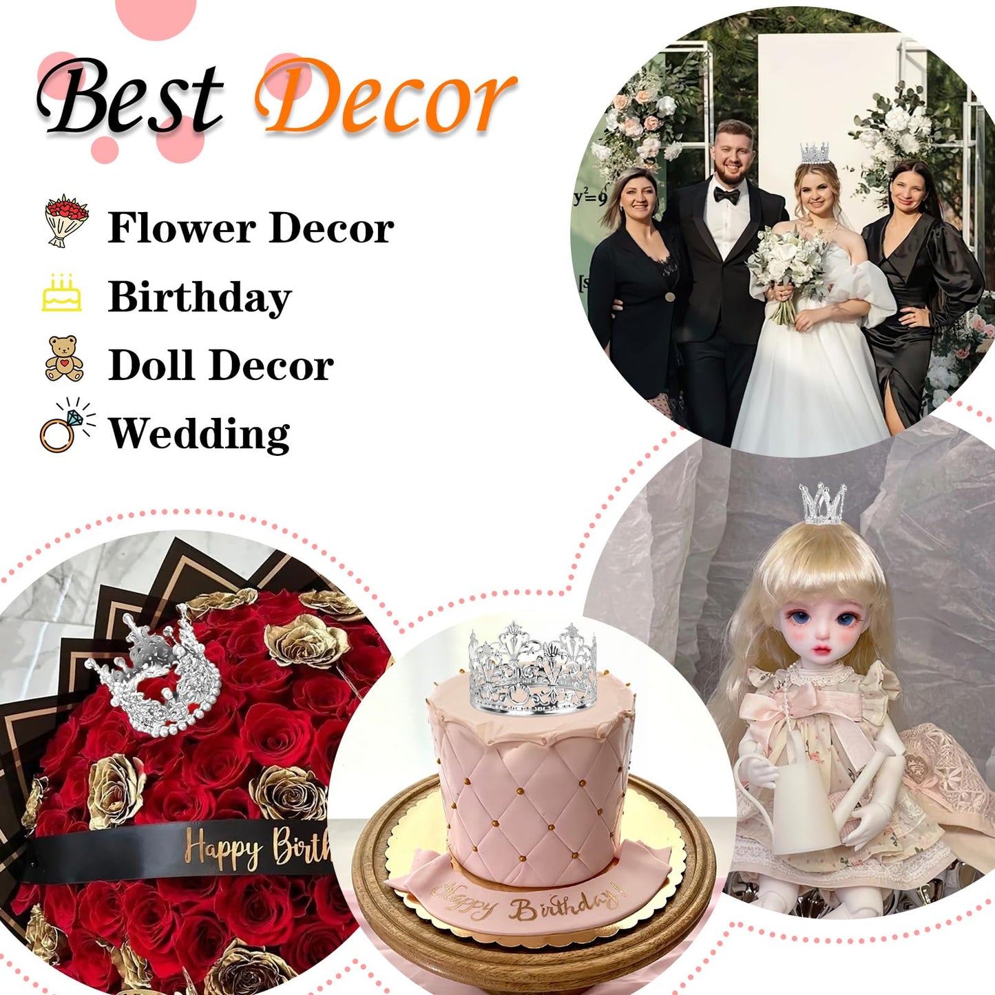 COIDEA 4-Piece Silver Crown Topper Set – Crystal Pearl Vintage Tiara for Cakes, Bouquets & Parties