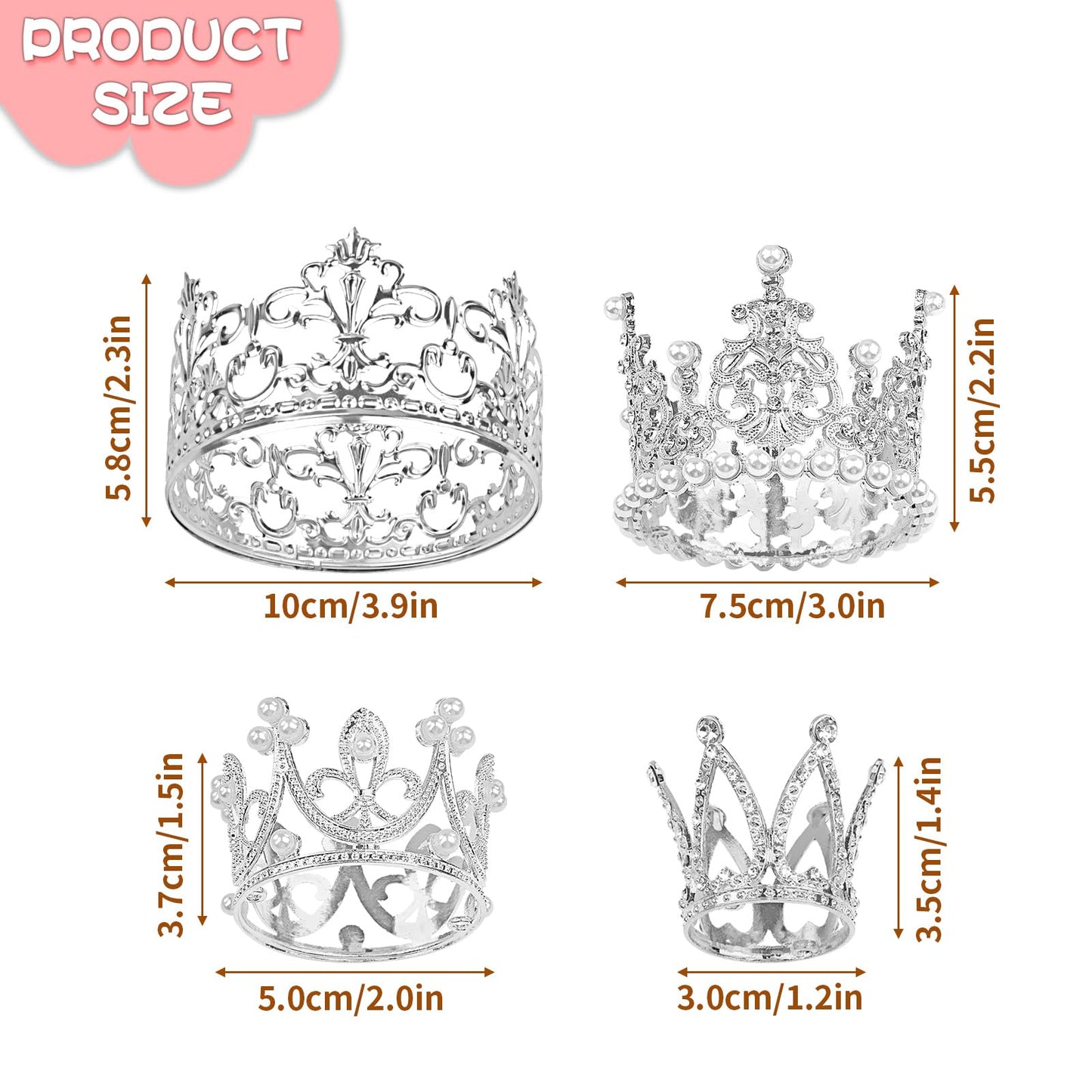 COIDEA 4-Piece Silver Crown Topper Set – Crystal Pearl Vintage Tiara for Cakes, Bouquets & Parties