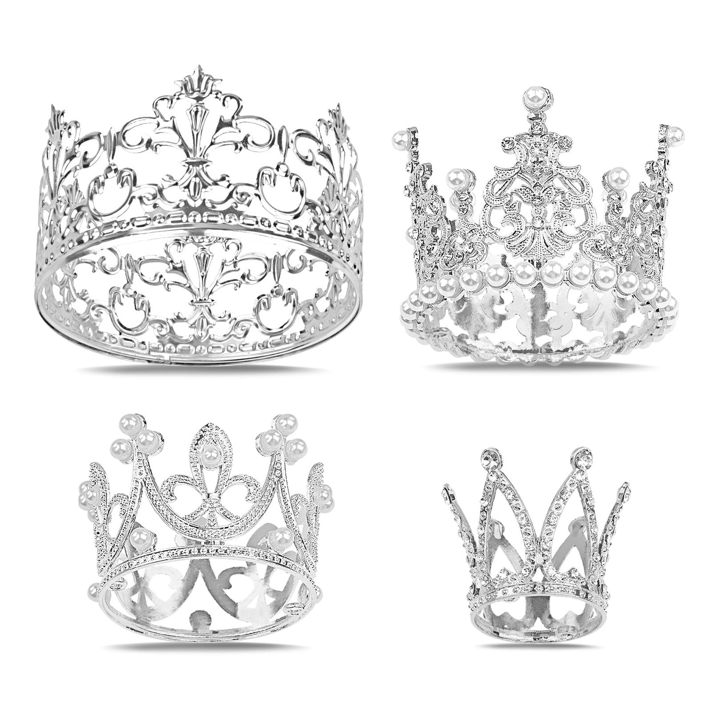 COIDEA 4-Piece Silver Crown Topper Set – Crystal Pearl Vintage Tiara for Cakes, Bouquets & Parties