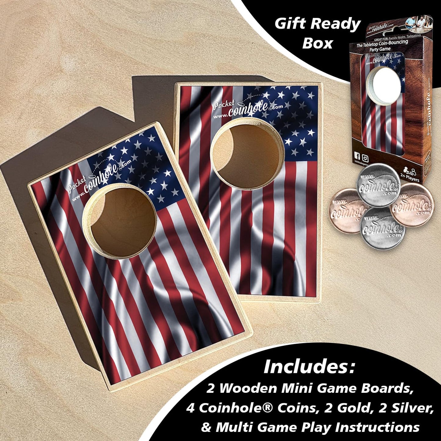 Coinhole Desktop Coin Bouncing Party Game Set | Pocket-Size Tabletop Cornhole (USA-Made)