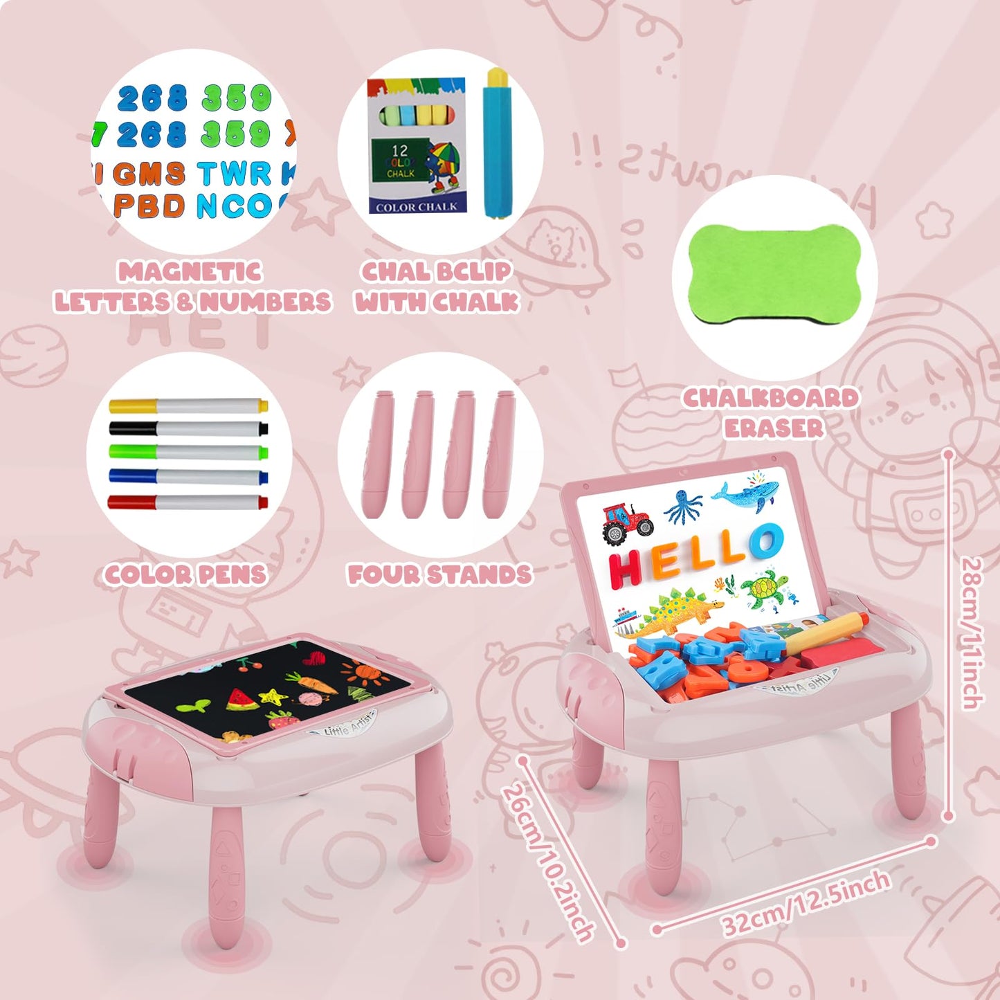Cokzer Magnetic Letters & Numbers Learning Table for 1-2 Year Old Girls | Educational Toddler Toy (Pink/Red)