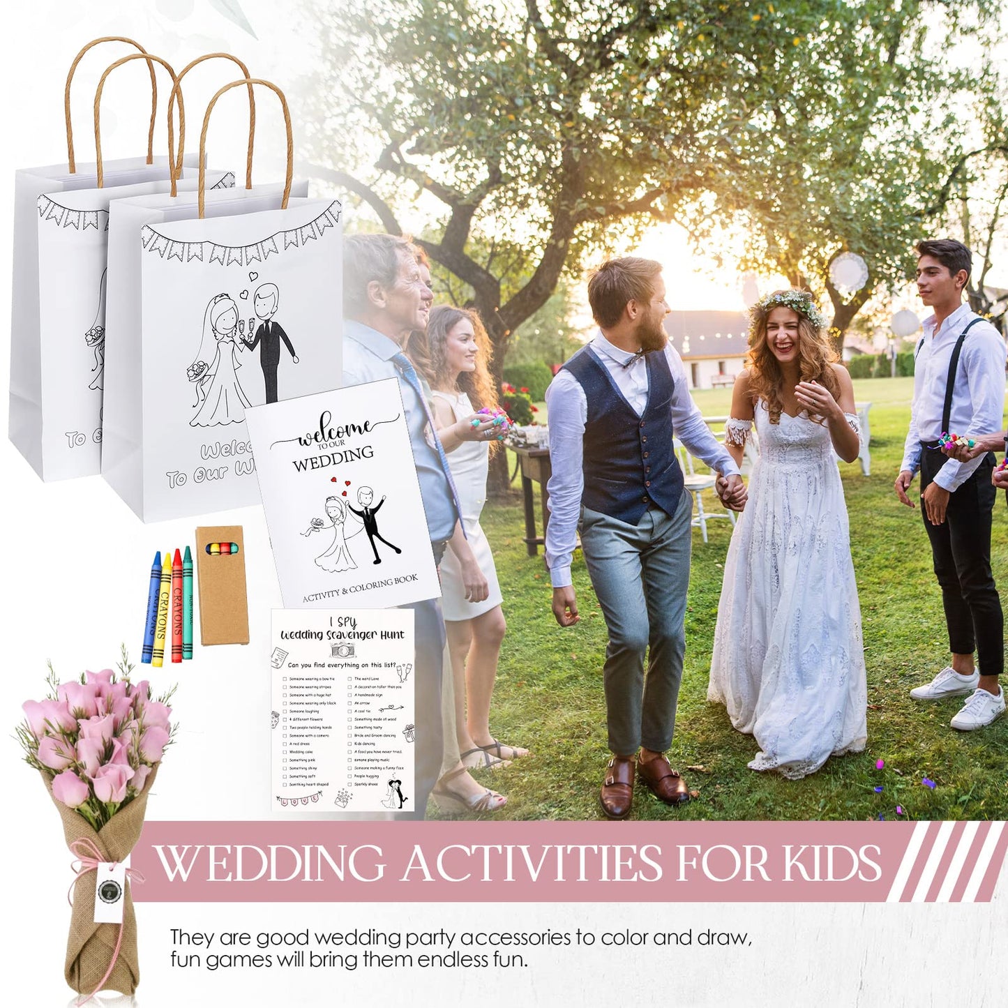 Colarr 24 Sets Kids’ Wedding Activities – Coloring Books, Crayons, Favor Bags & Scavenger Hunt Sheets