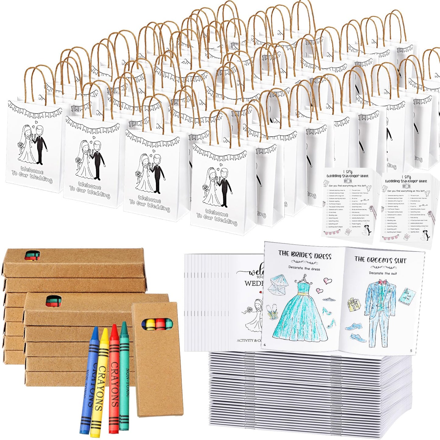 Colarr 24 Sets Kids’ Wedding Activities – Coloring Books, Crayons, Favor Bags & Scavenger Hunt Sheets