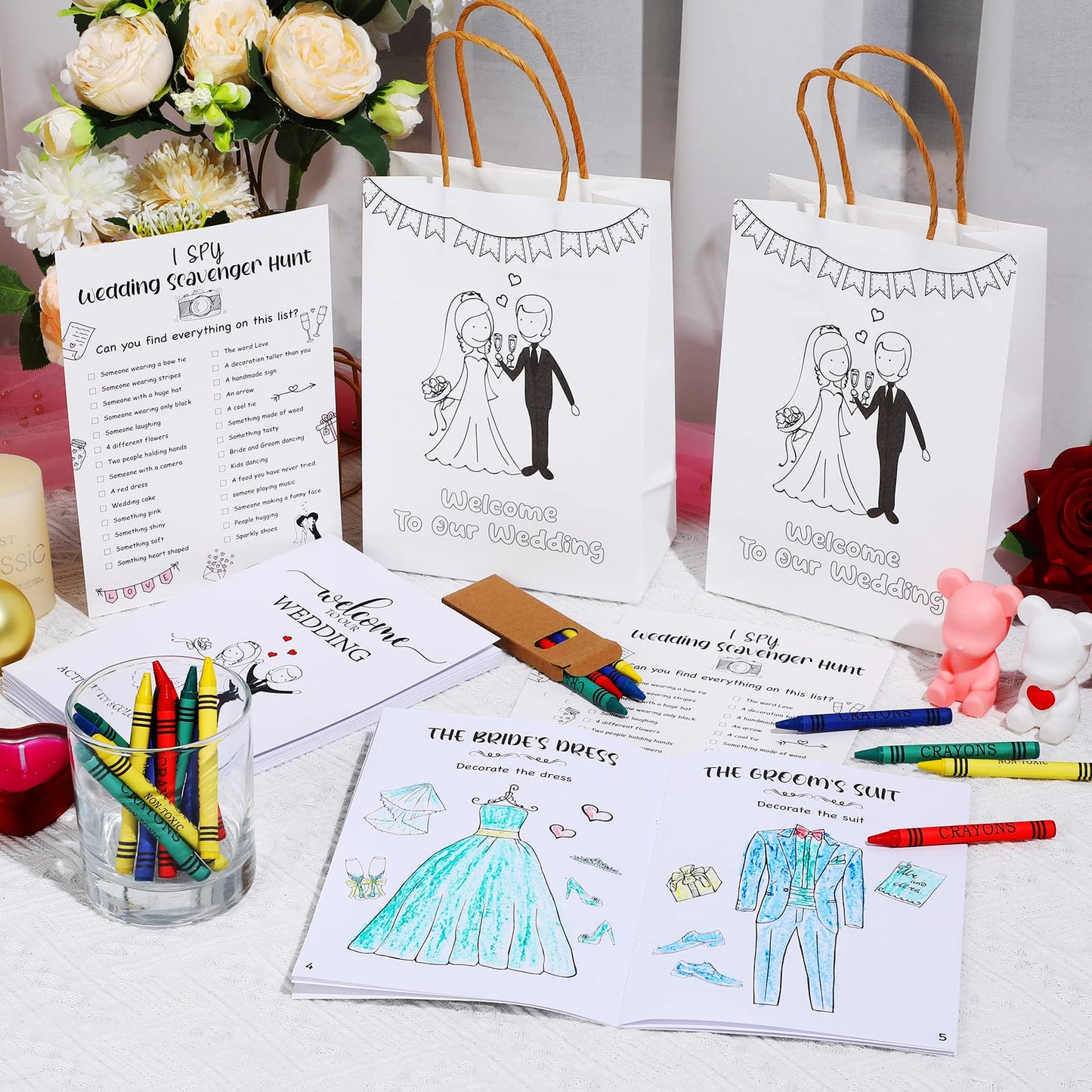 Colarr 24 Sets Kids’ Wedding Activities – Coloring Books, Crayons, Favor Bags & Scavenger Hunt Sheets