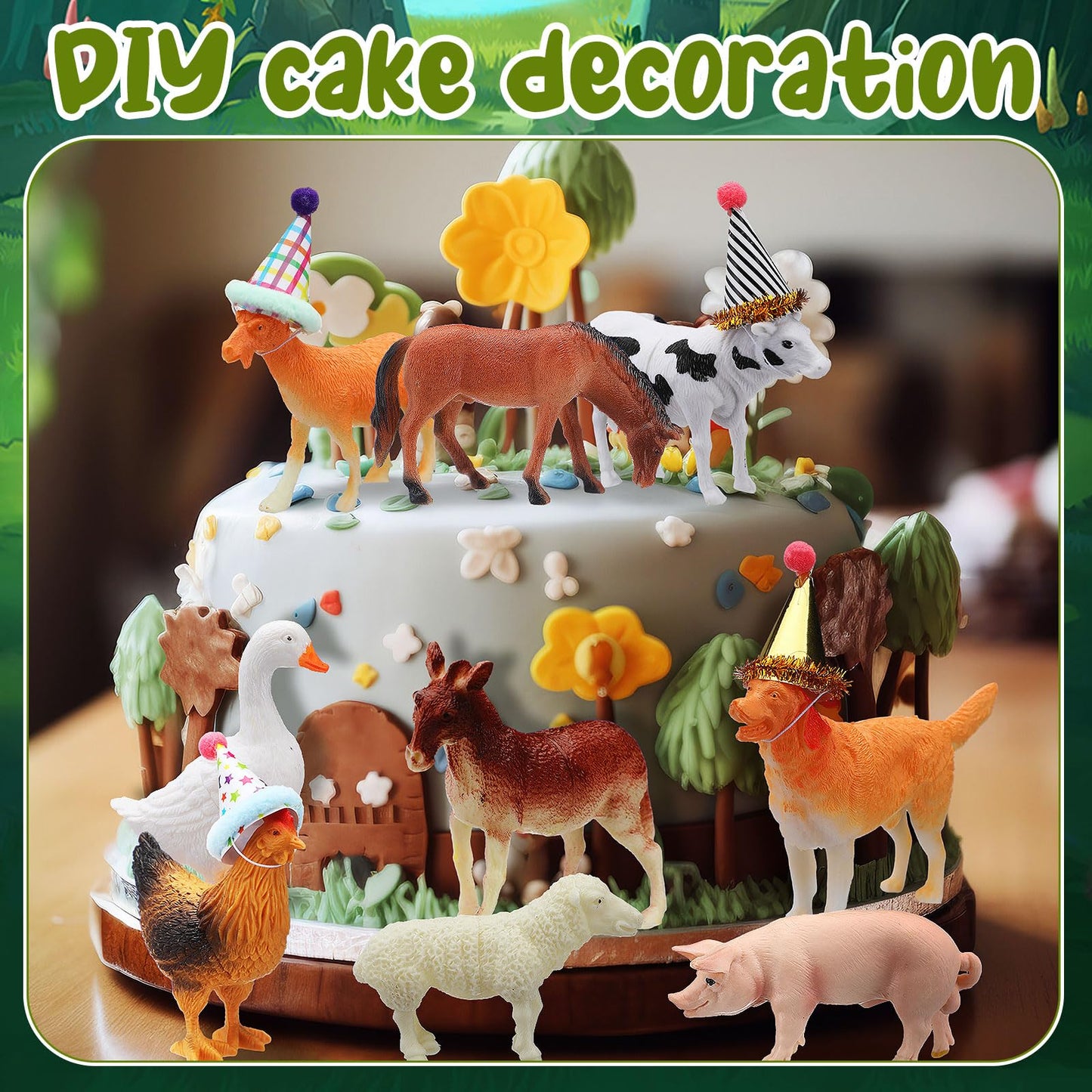 Colingmill 18 Pcs Farm Animal Cake Toppers & Mini Hats | Cute Party Decor