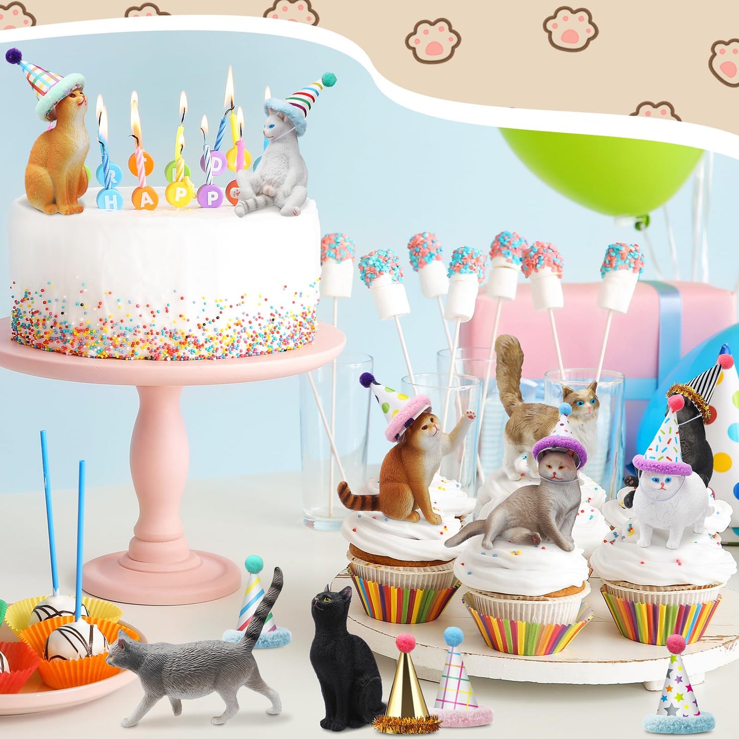 Colingmill 18 Pcs Cat Birthday Party Decorations — Animal Figure Cake Toppers & Mini Hats
