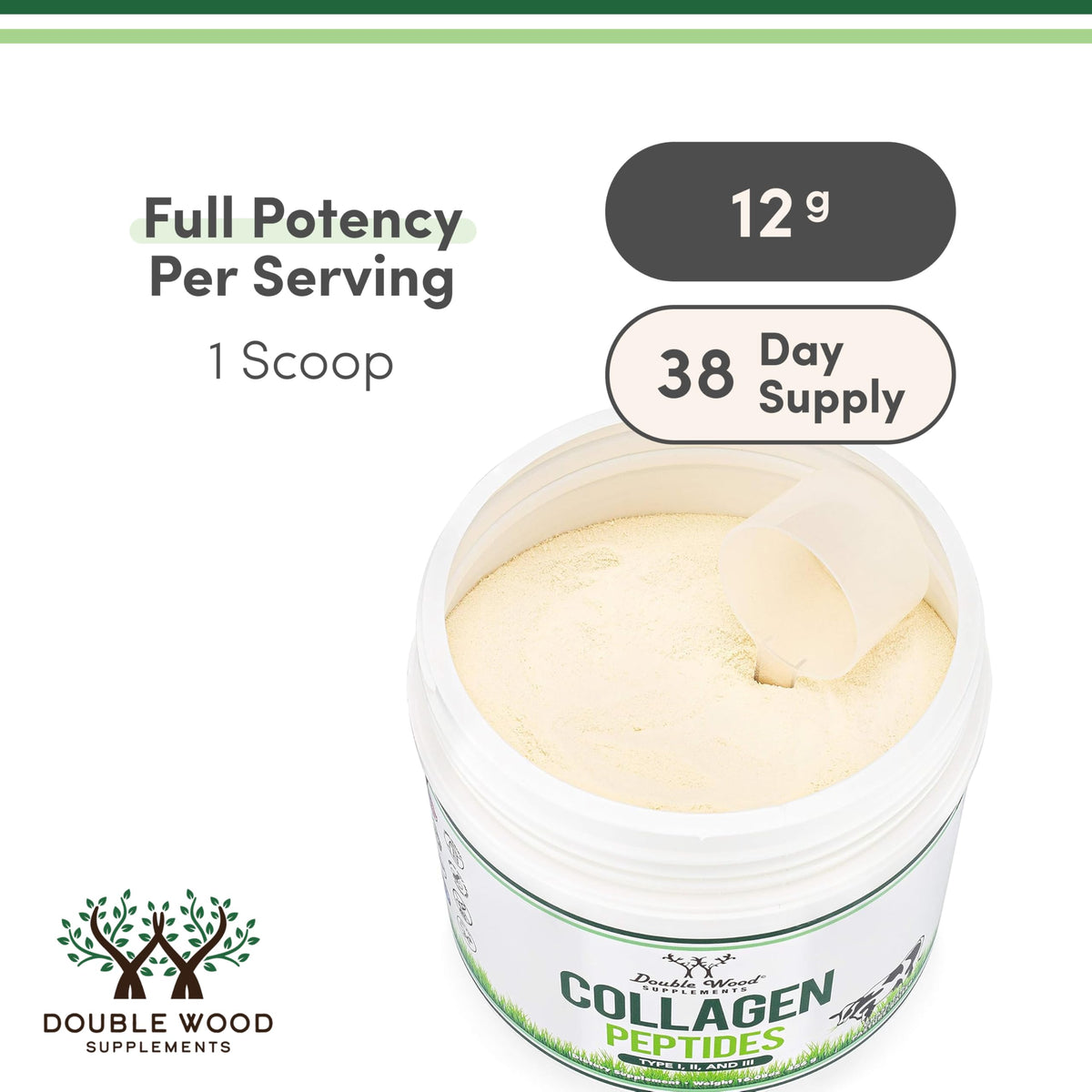 Collagen Peptides Powder - Hydrolyzed Multi-Type I/II/III | Grass-Fed Bovine | 16.08oz | Double Wood