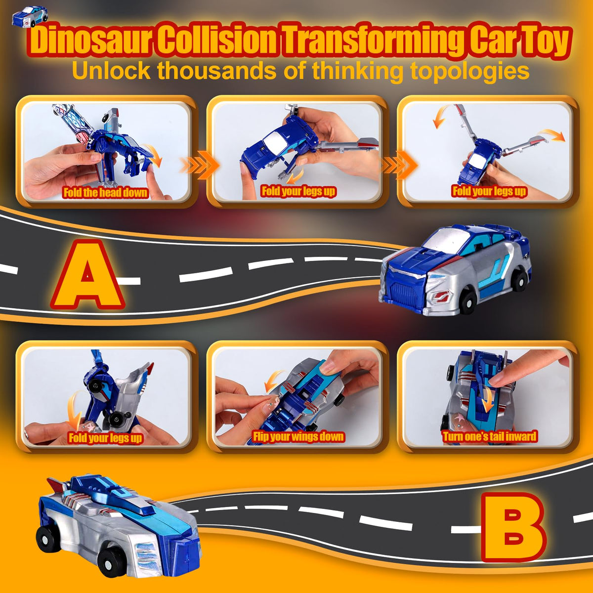 Collision Transforming Dinosaur Car Toy – Magnetic 2-in-1 Dino Car for Kids (Blue)