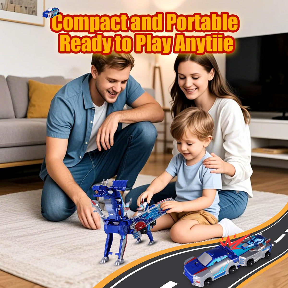 Collision Transforming Dinosaur Car Toy – Magnetic 2-in-1 Dino Car for Kids (Blue)