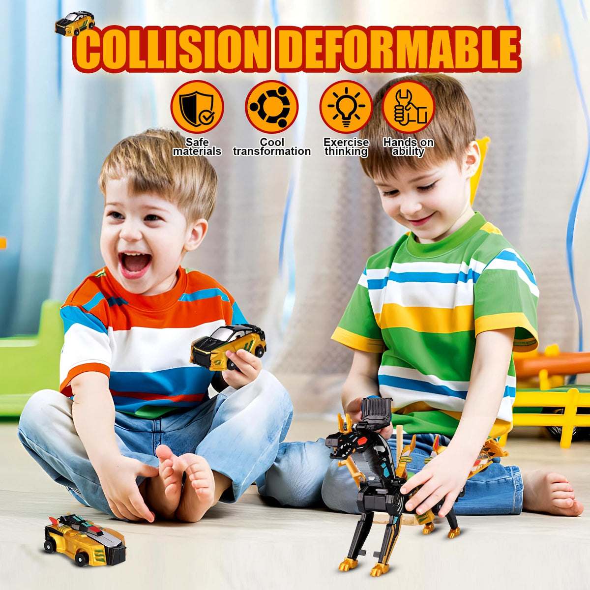 Collision Transforming Dinosaur Car Toy – Magnetic 2-in-1 Dino Car (Golden)