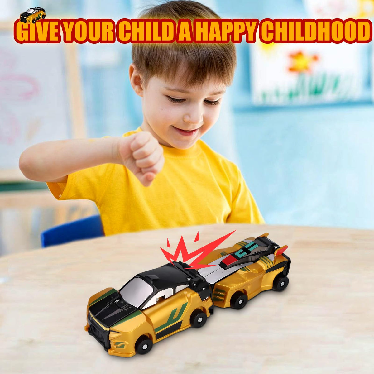 Collision Transforming Dinosaur Car Toy – Magnetic 2-in-1 Dino Car (Golden)