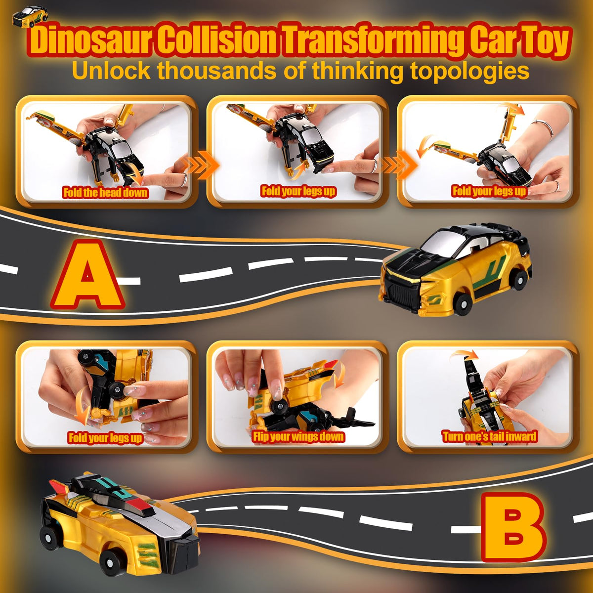 Collision Transforming Dinosaur Car Toy – Magnetic 2-in-1 Dino Car (Golden)