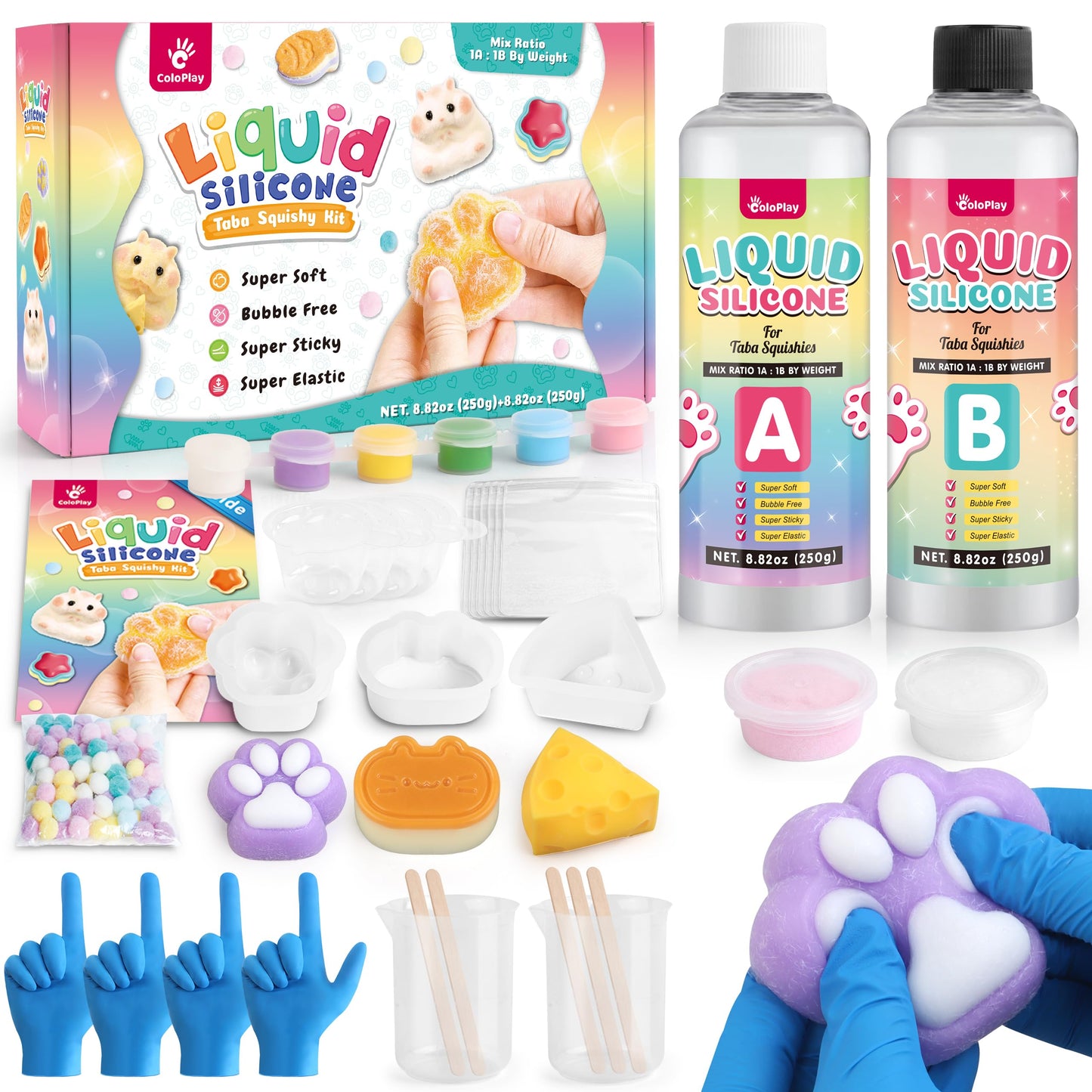 ColoPlay Taba Squishy Kit – 18oz Silicone, Guided, Bubble-Free Cure, Mold & Flocking Powder