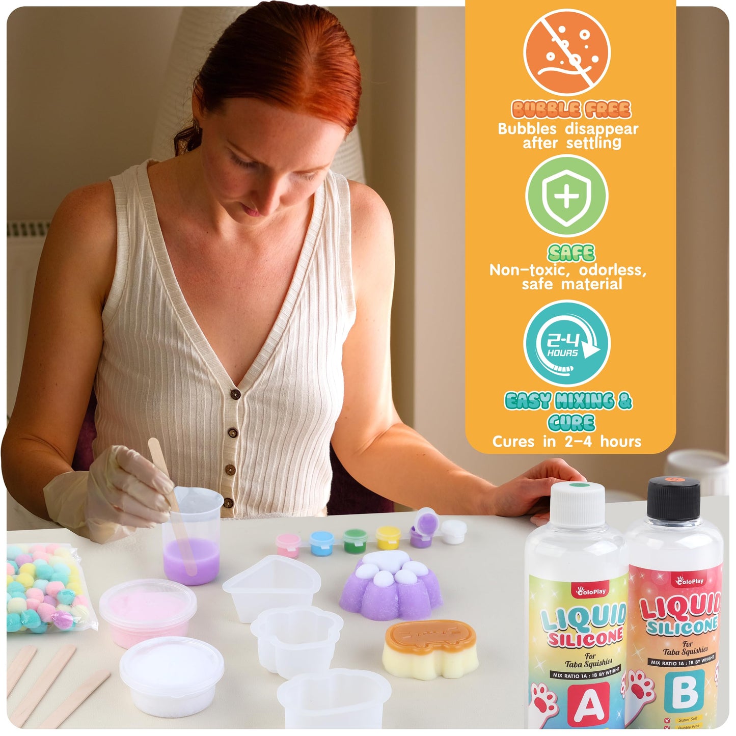 ColoPlay Taba Squishy Kit – 18oz Silicone, Guided, Bubble-Free Cure, Mold & Flocking Powder