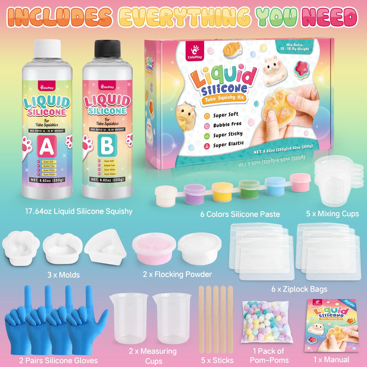 ColoPlay Taba Squishy Kit – 18oz Silicone, Guided, Bubble-Free Cure, Mold & Flocking Powder